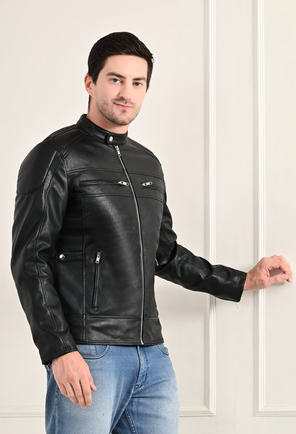 Mandarin Collar Long Sleeves Classic Look Lightweight Black Leather Jacket
