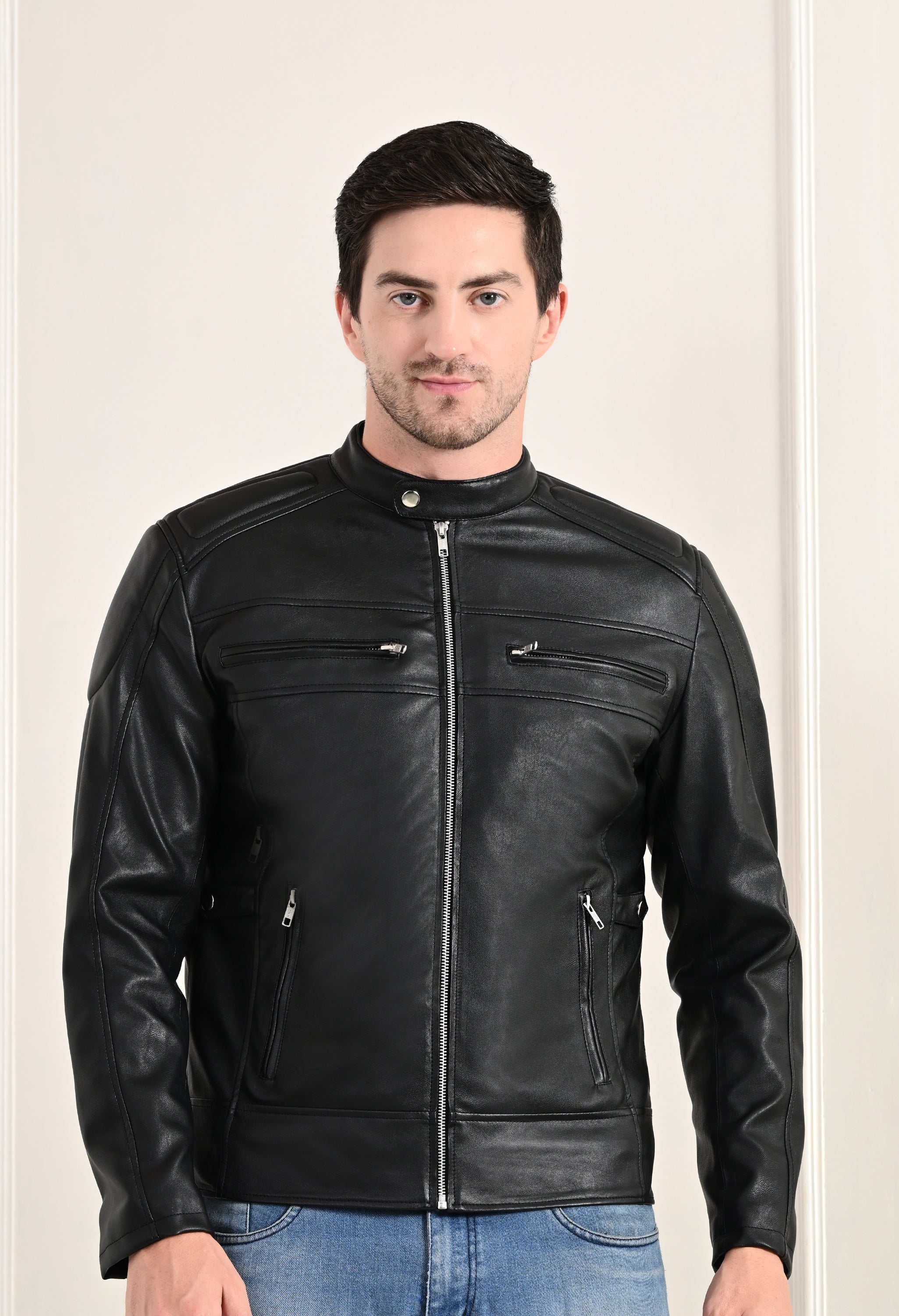 Mandarin Collar Long Sleeves Classic Look Lightweight Black Leather Jacket