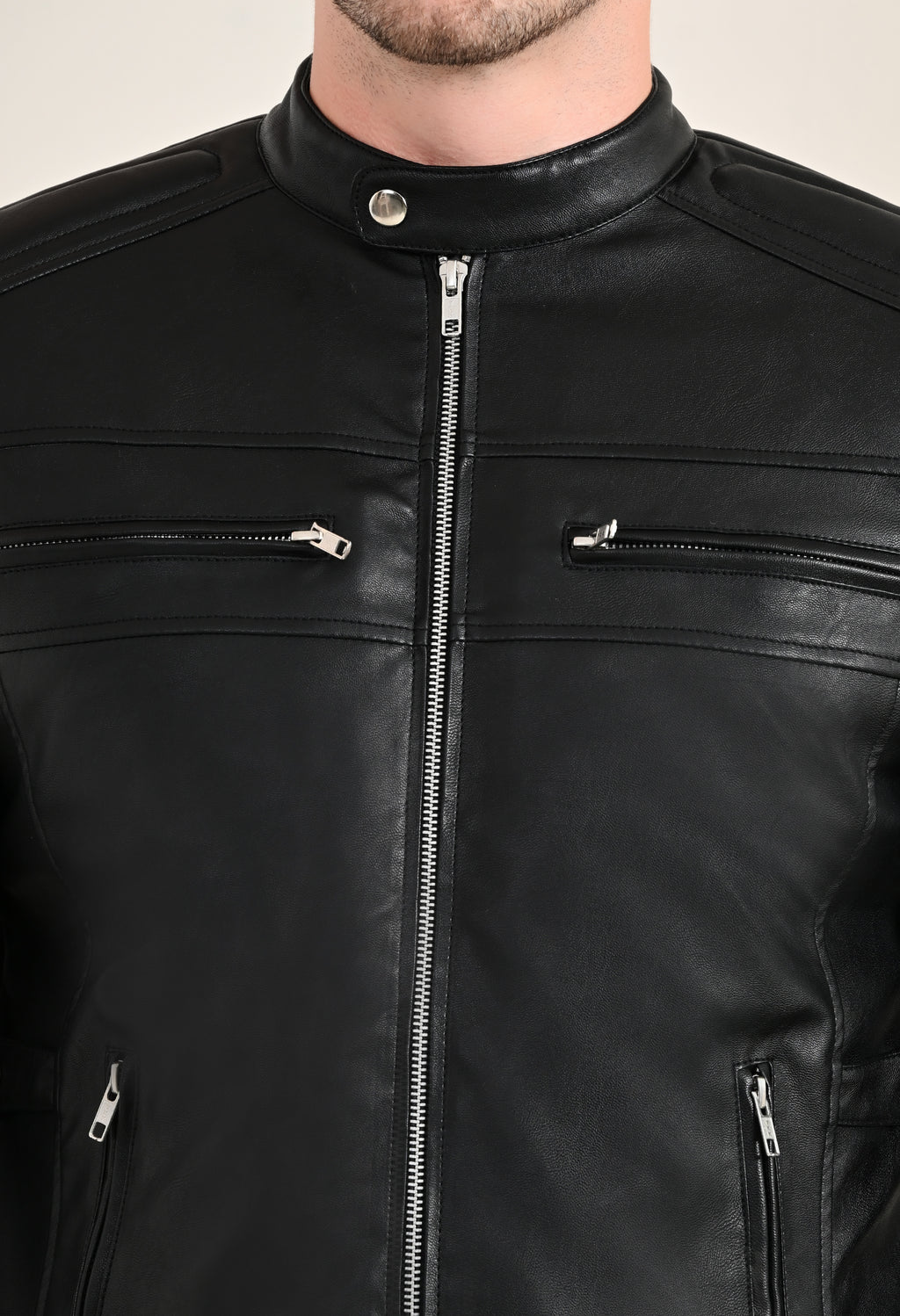 Mandarin Collar Long Sleeves Classic Look Lightweight Black Leather Jacket