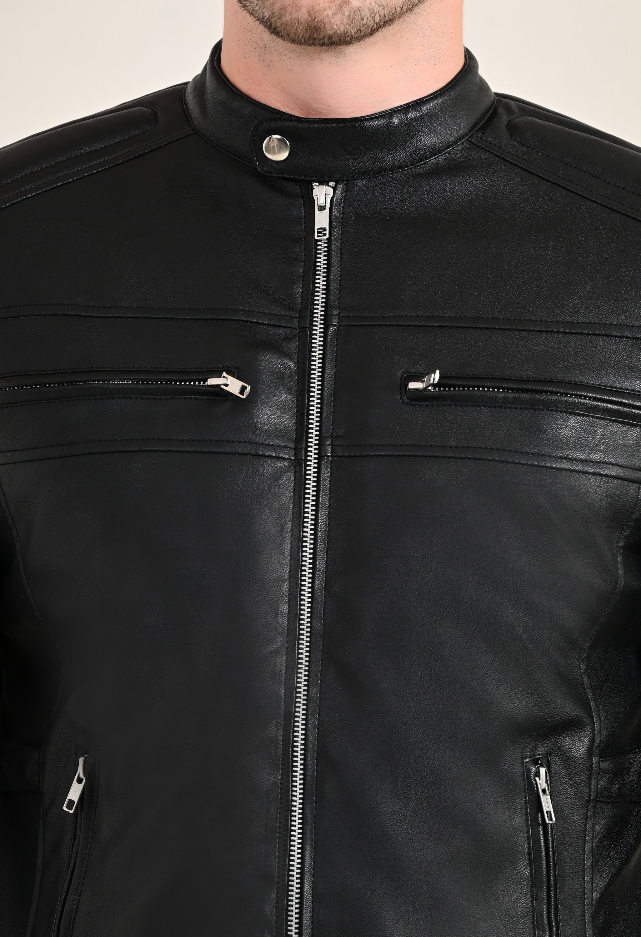 Mandarin Collar Long Sleeves Classic Look Lightweight Black Leather Jacket
