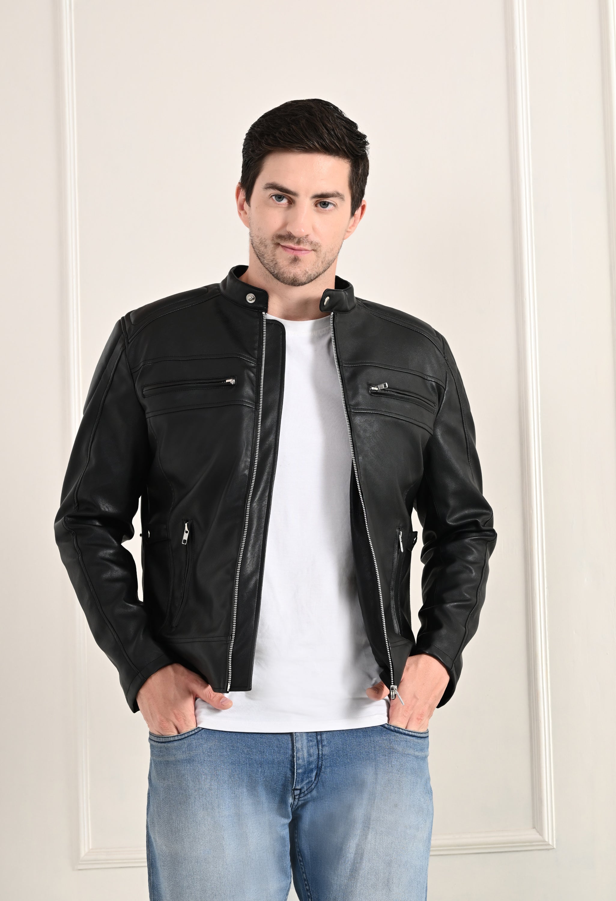 Mandarin Collar Long Sleeves Classic Look Lightweight Black Leather Jacket