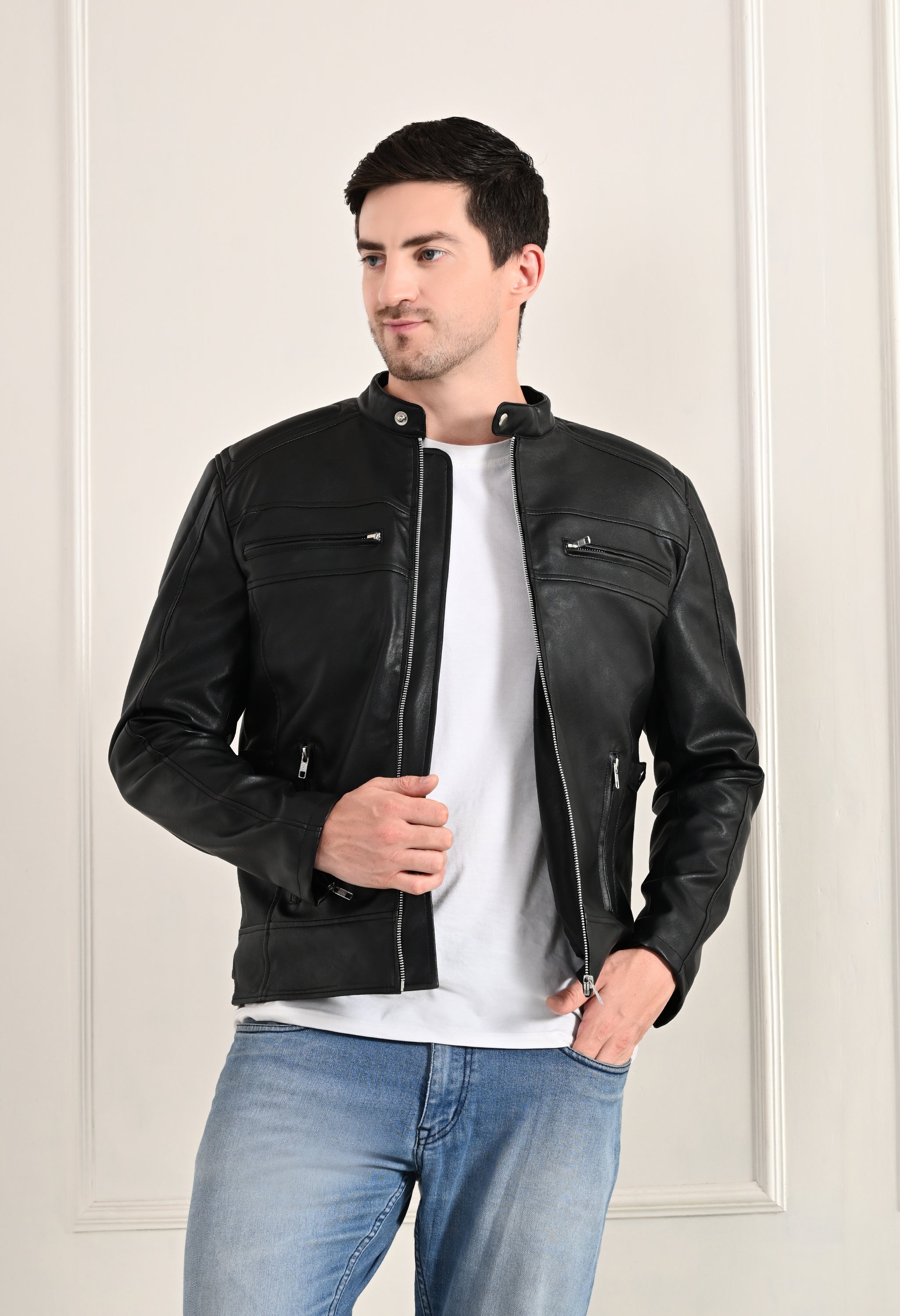 Mandarin Collar Long Sleeves Classic Look Lightweight Black Leather Jacket