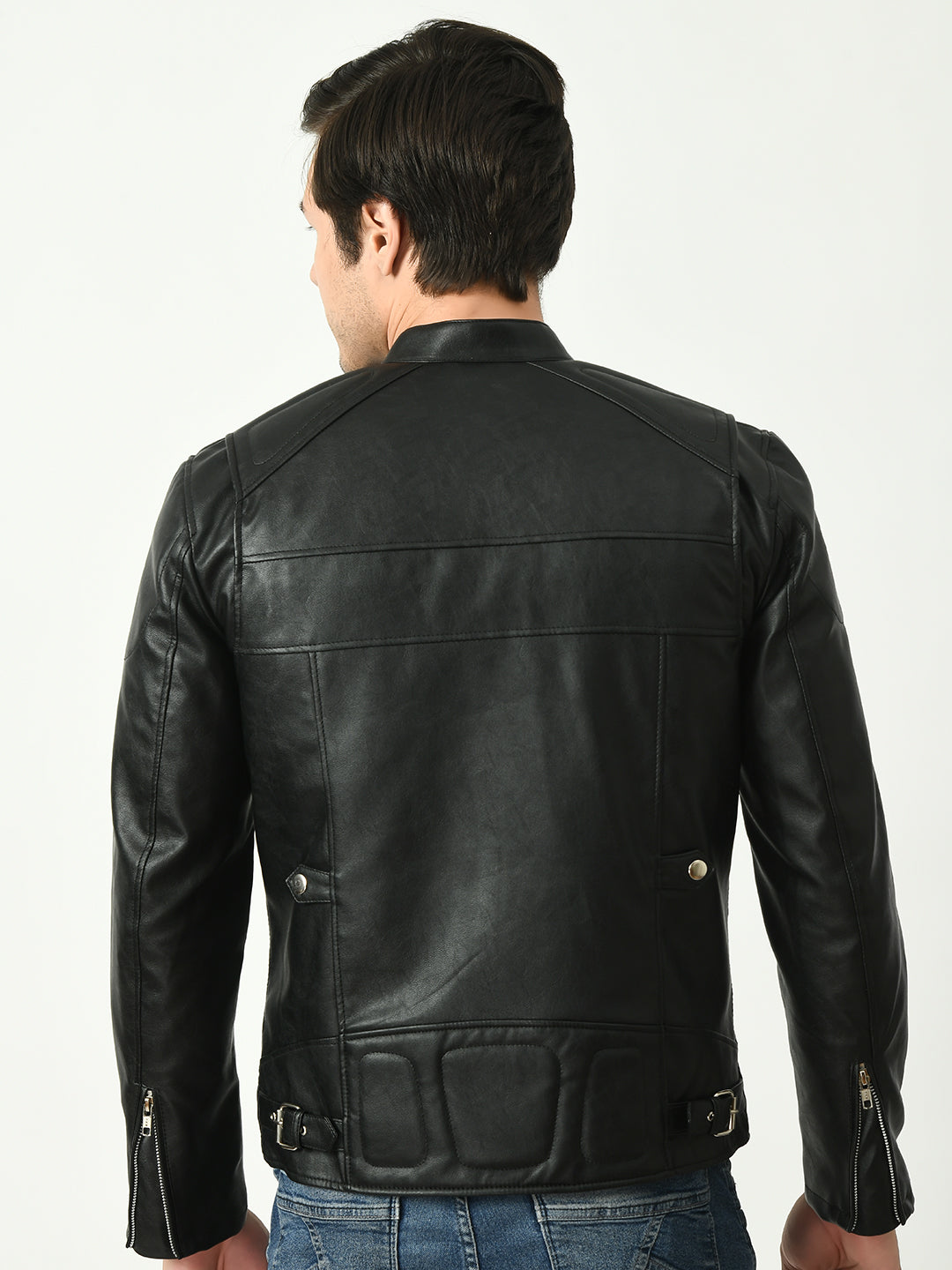 Mandarin Collar Long Sleeves Classic Look Lightweight Black Leather Jacket