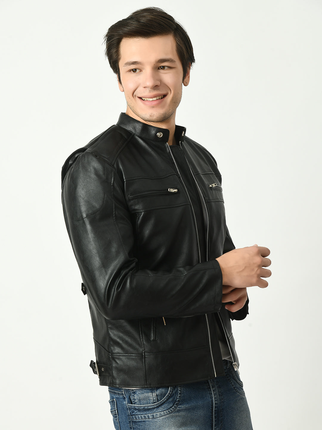 Mandarin Collar Long Sleeves Classic Look Lightweight Black Leather Jacket