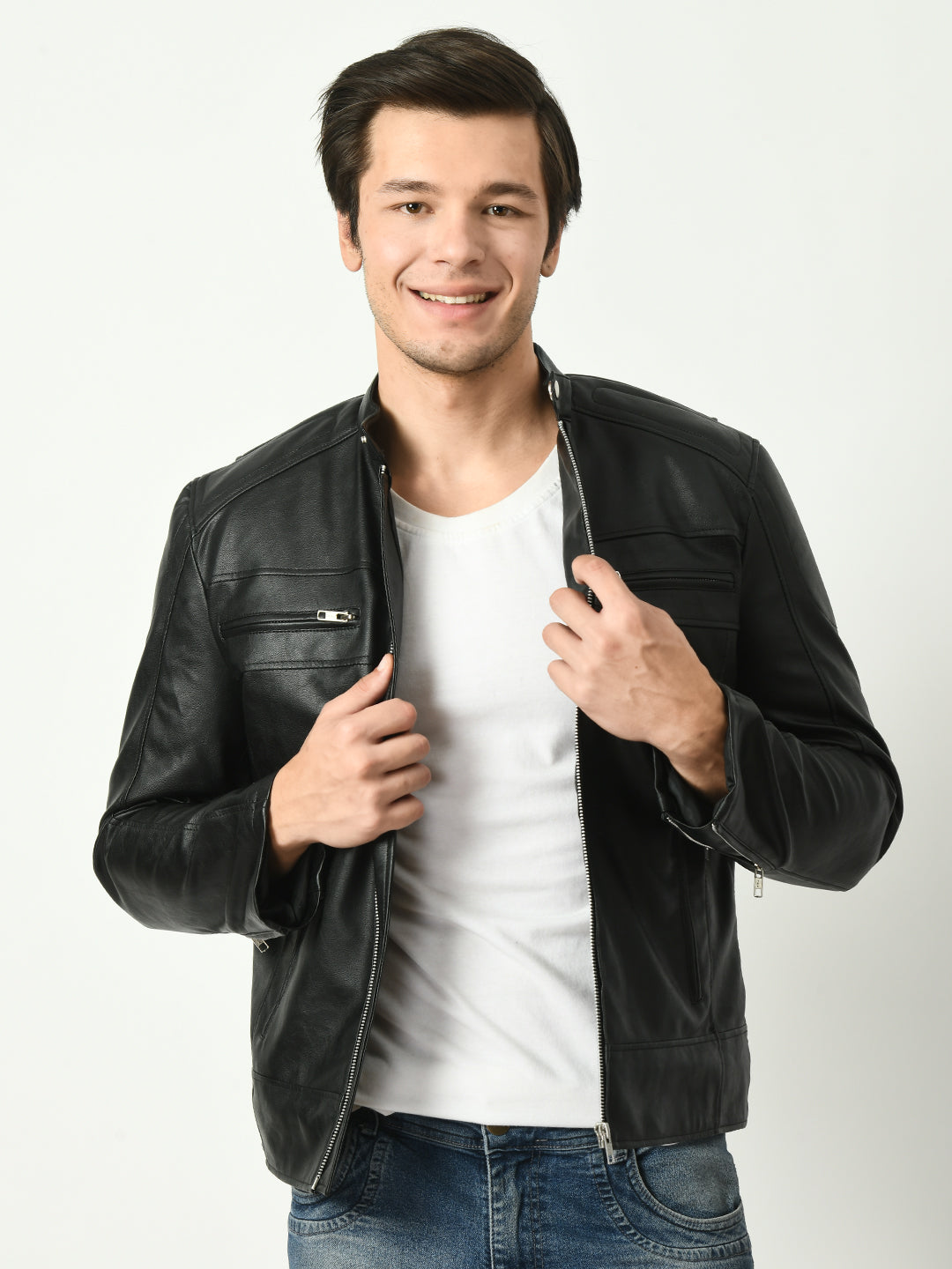 Mandarin Collar Long Sleeves Classic Look Lightweight Black Leather Jacket