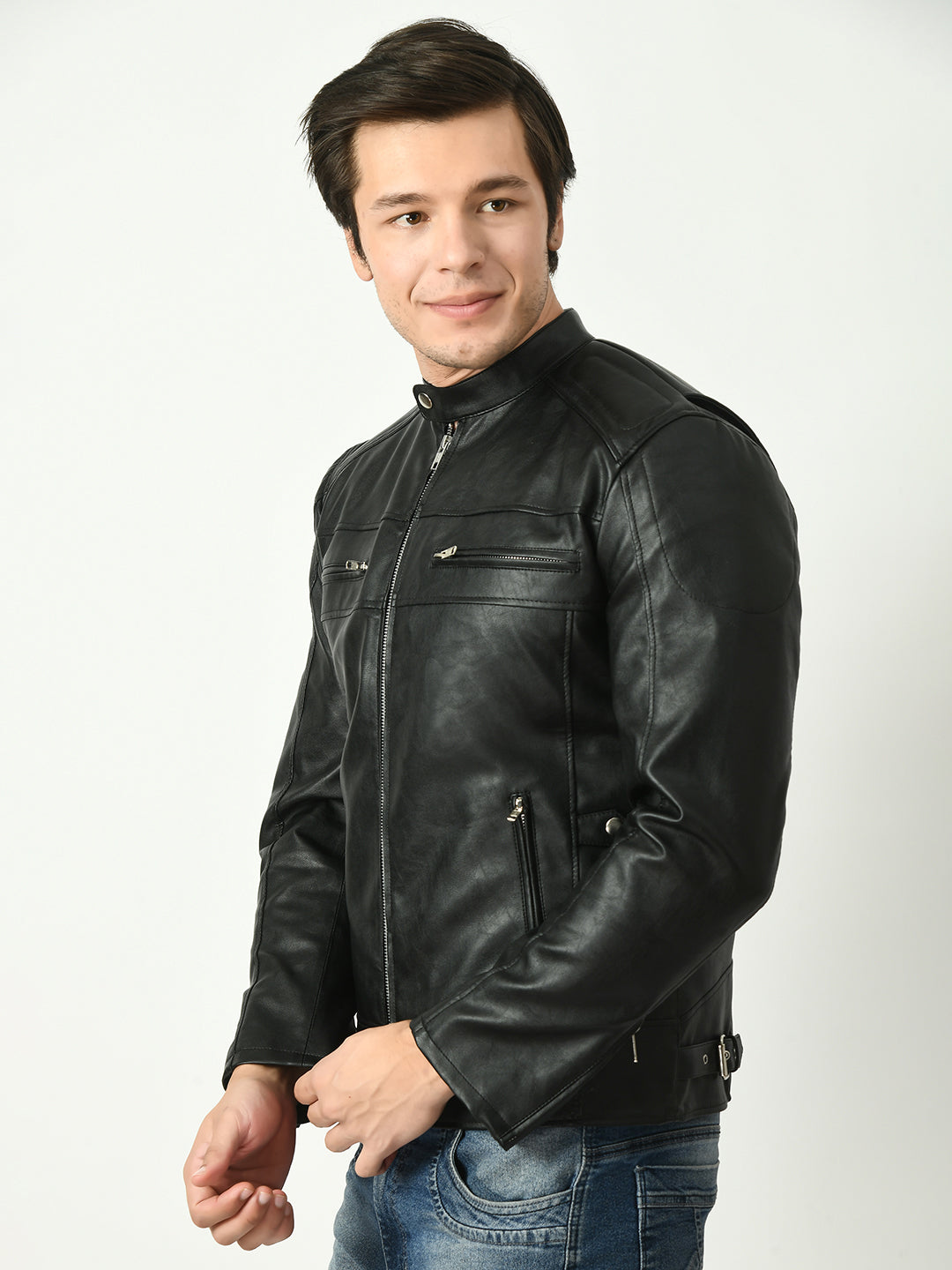 Mandarin Collar Long Sleeves Classic Look Lightweight Black Leather Jacket