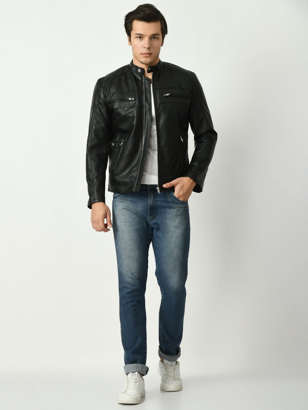 Mandarin Collar Long Sleeves Classic Look Lightweight Black Leather Jacket