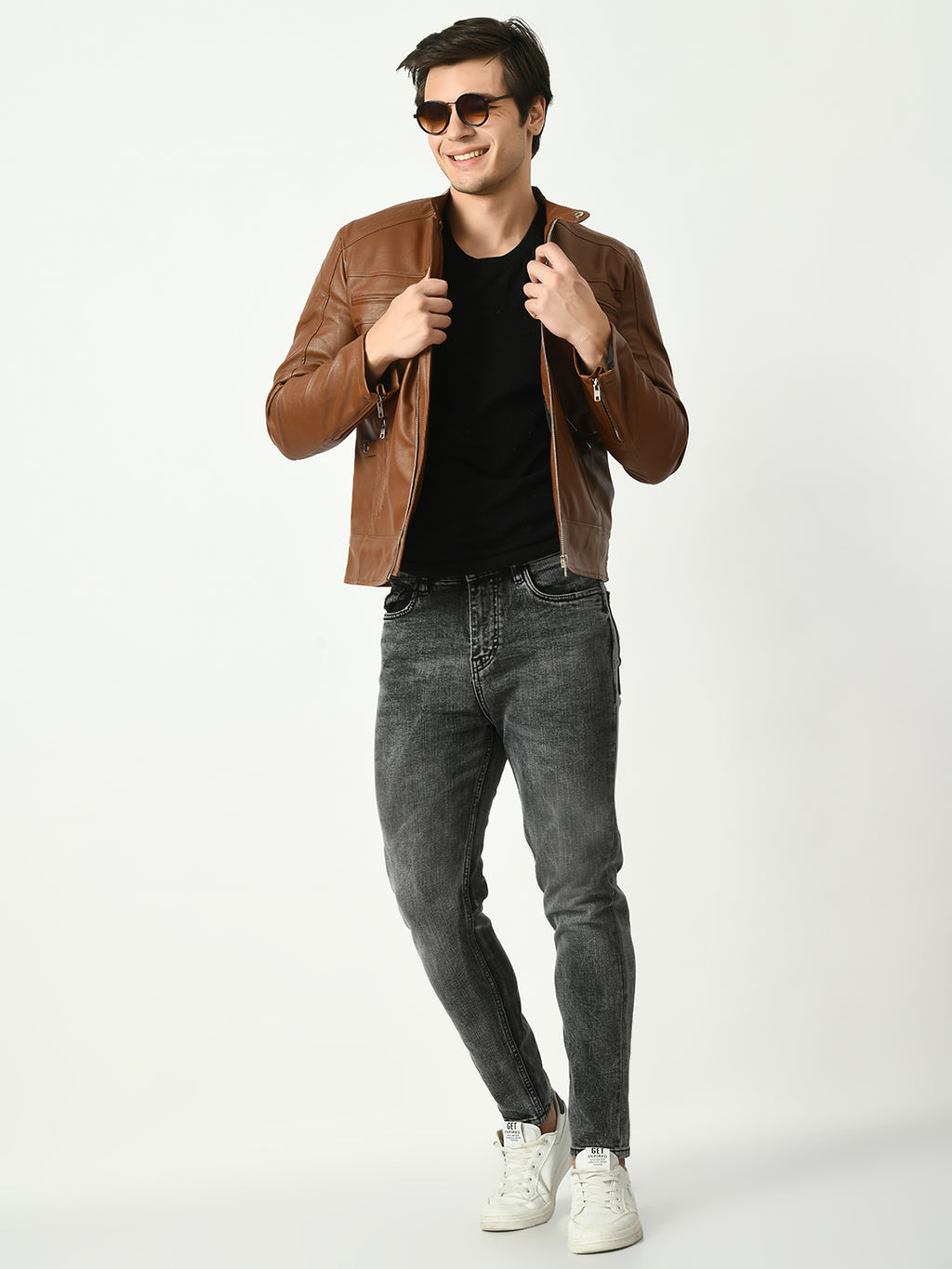 Mandarin Collar Long Sleeves Classic Look Lightweight Black Leather Jacket