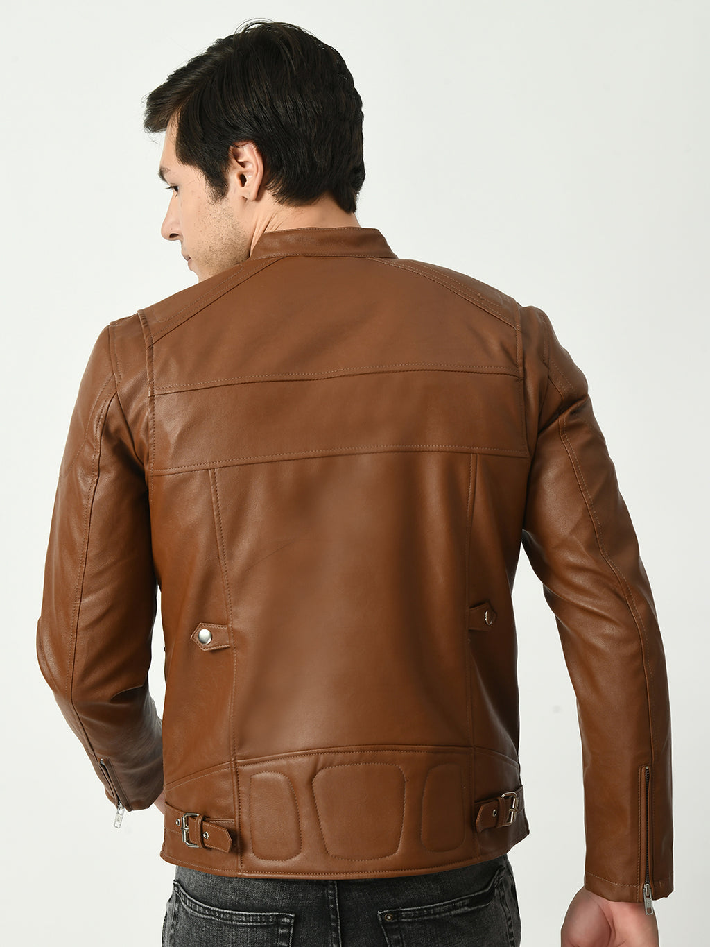 Mandarin Collar Long Sleeves Classic Look Lightweight Black Leather Jacket