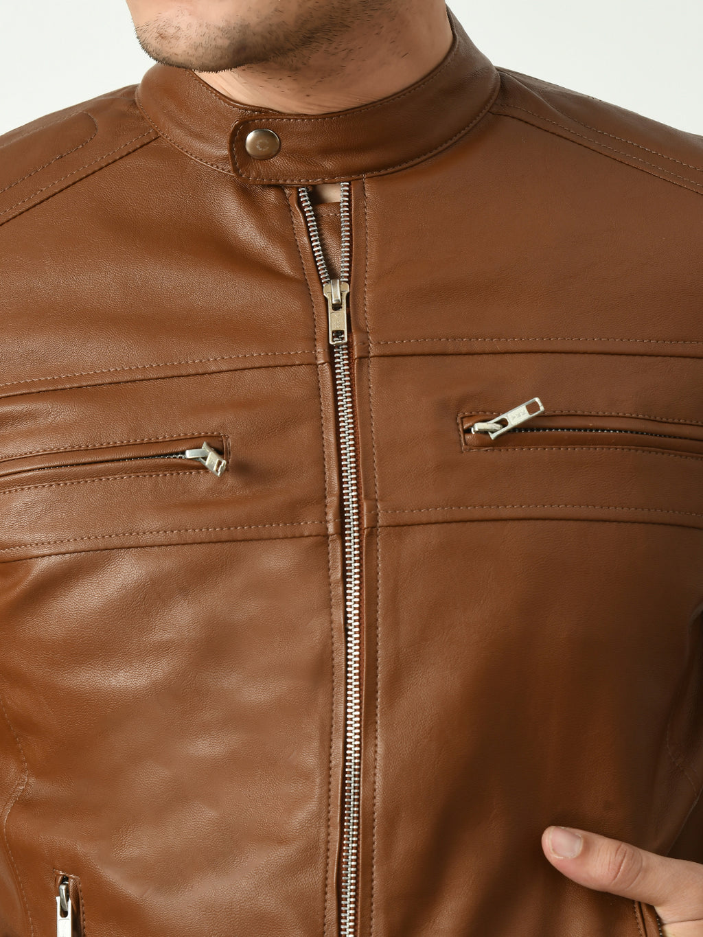 Mandarin Collar Long Sleeves Classic Look Lightweight Black Leather Jacket