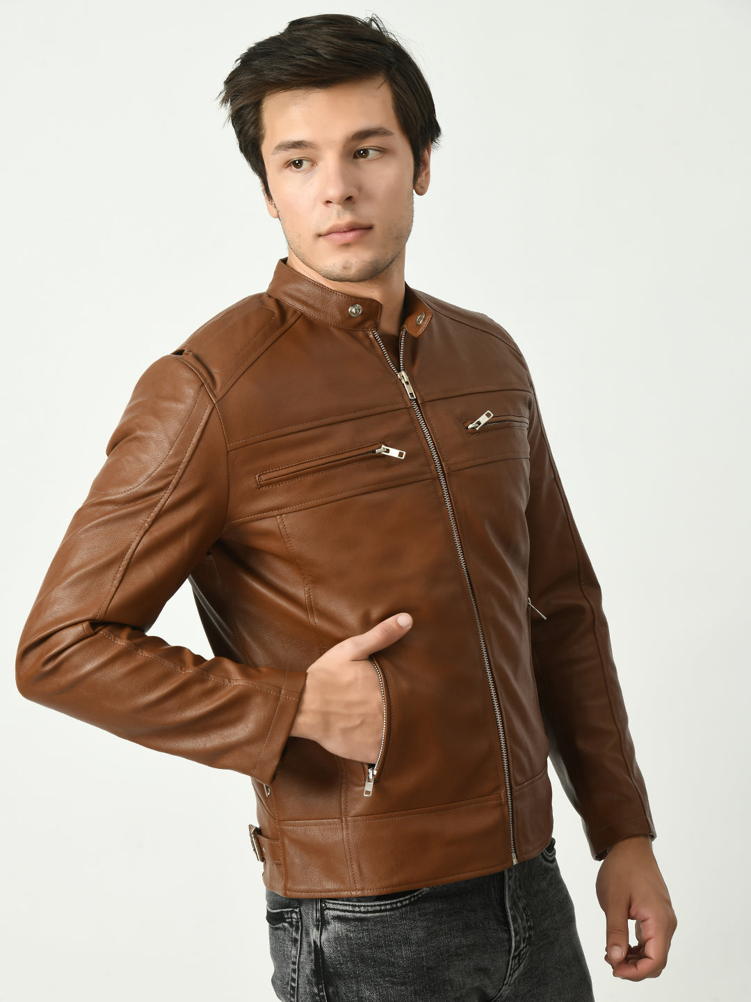 Mandarin Collar Long Sleeves Classic Look Lightweight Black Leather Jacket