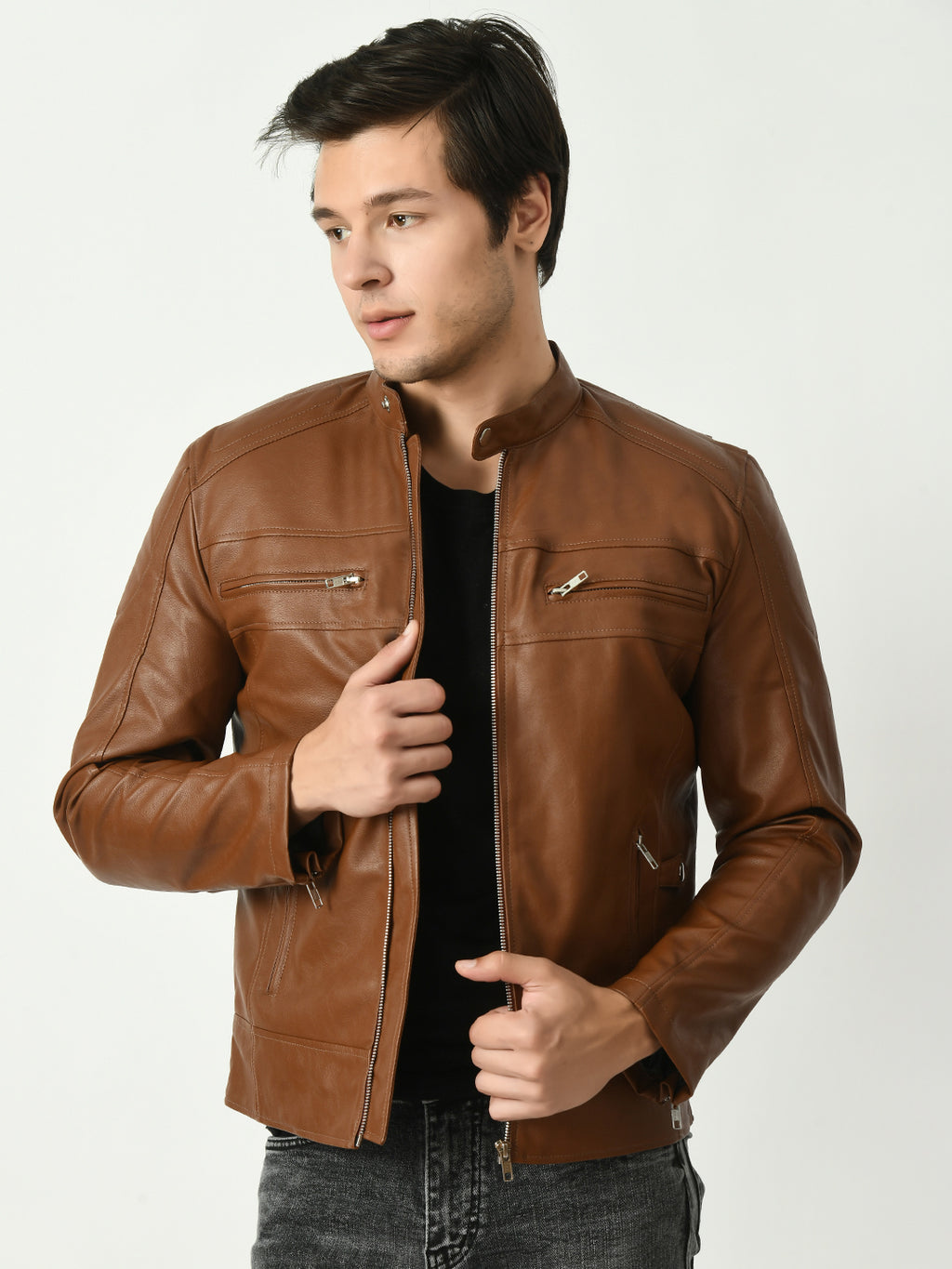 Mandarin Collar Long Sleeves Classic Look Lightweight Black Leather Jacket