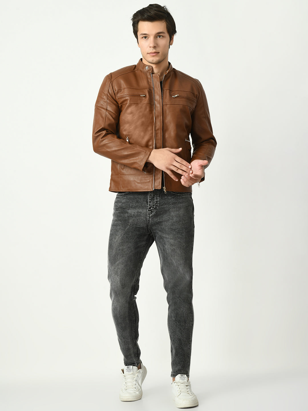 Mandarin Collar Long Sleeves Classic Look Lightweight Black Leather Jacket