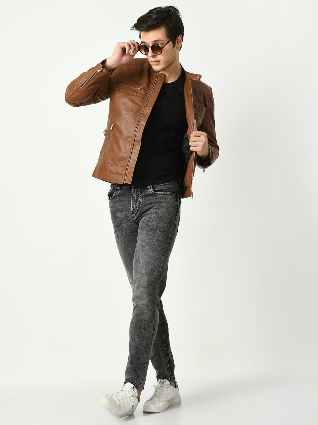 Mandarin Collar Long Sleeves Classic Look Lightweight Black Leather Jacket