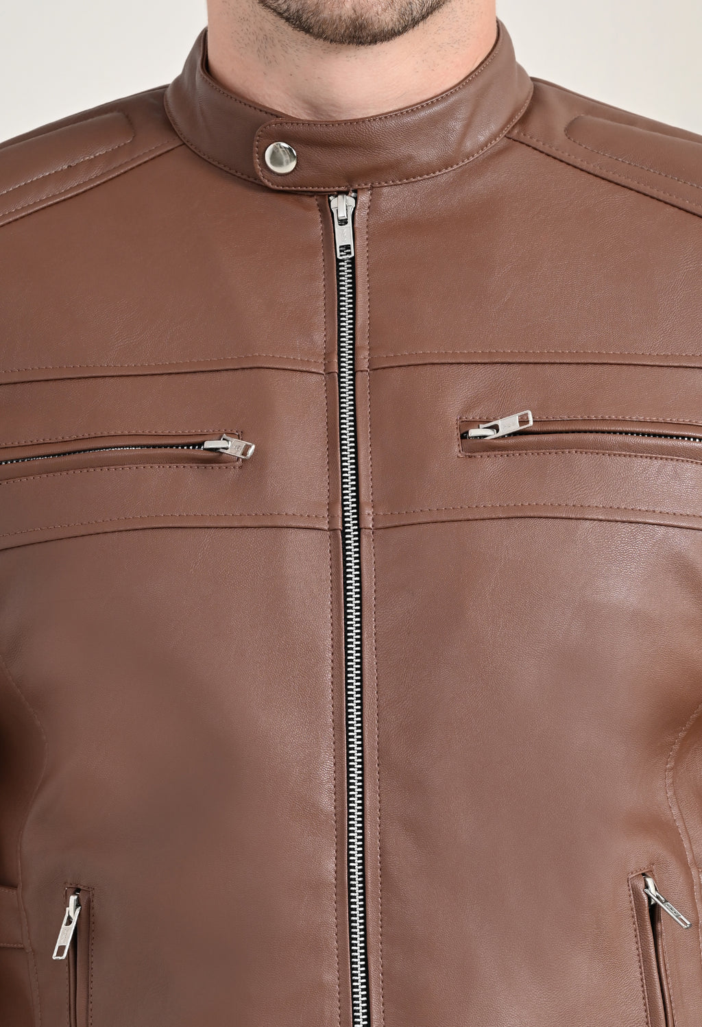Mandarin Collar Long Sleeves Classic Look Lightweight Tan Leather Jacket