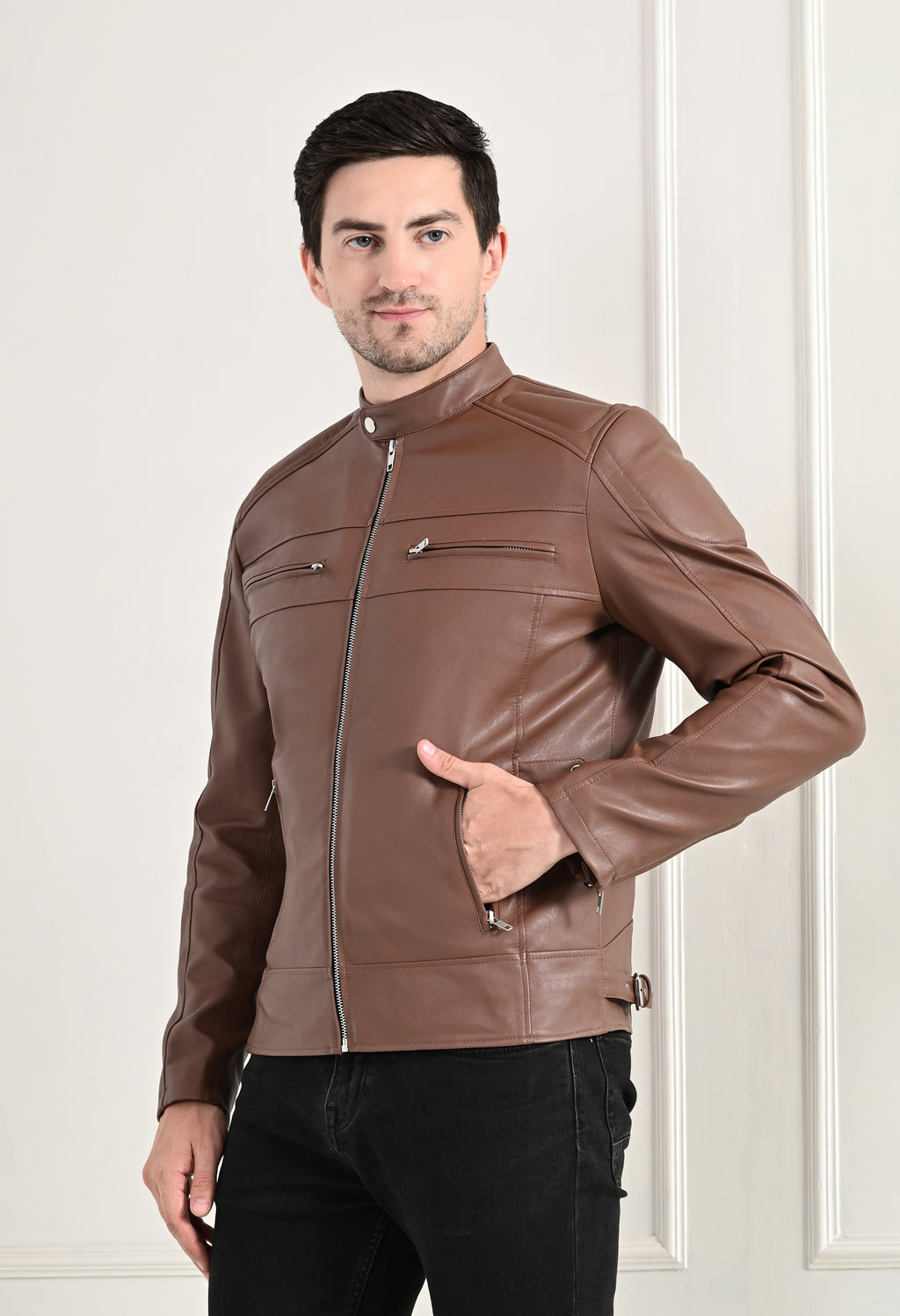 Mandarin Collar Long Sleeves Classic Look Lightweight Tan Leather Jacket