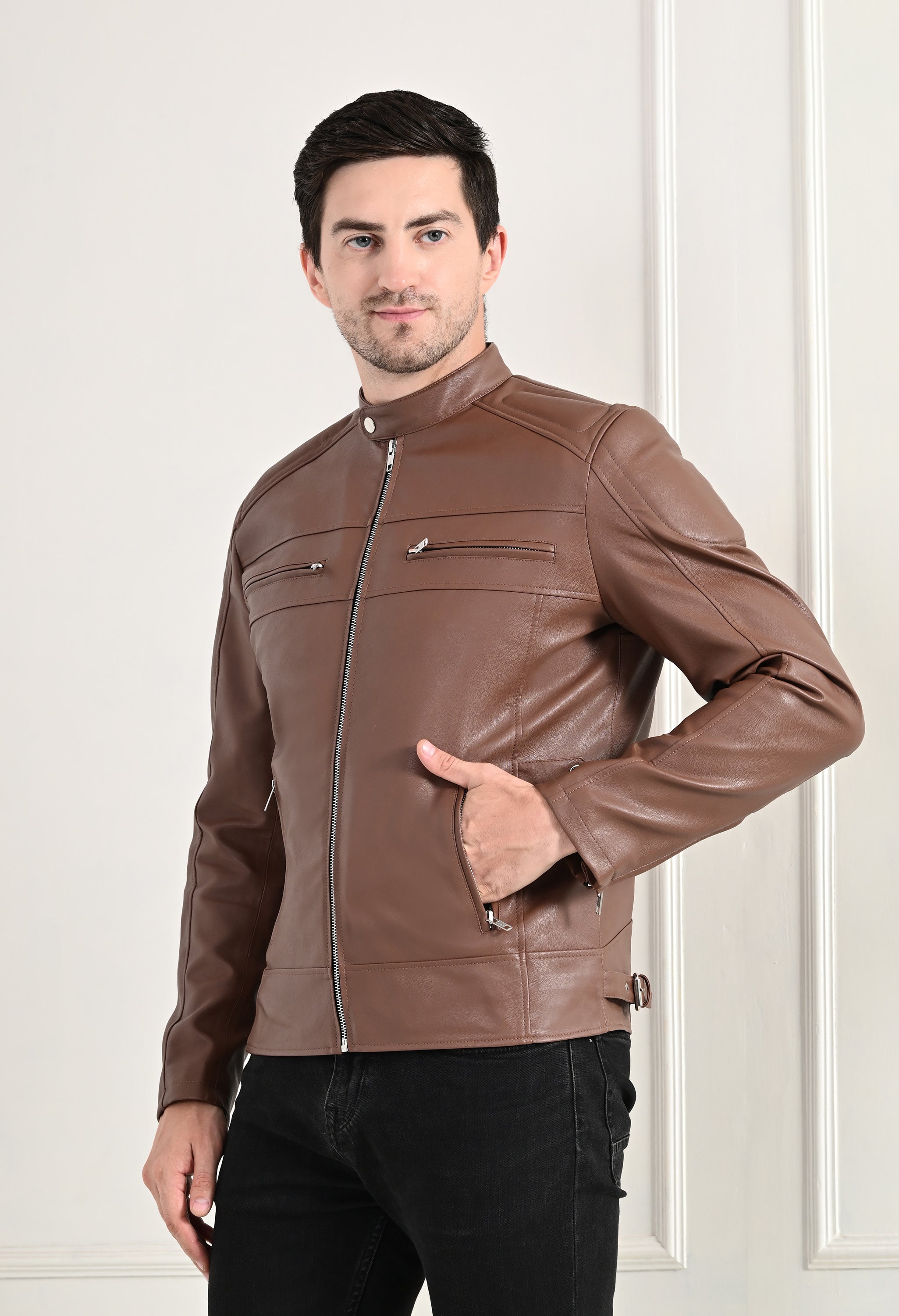 Mandarin Collar Long Sleeves Classic Look Lightweight Tan Leather Jacket