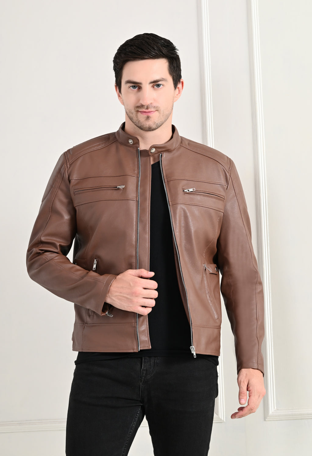 Mandarin Collar Long Sleeves Classic Look Lightweight Tan Leather Jacket