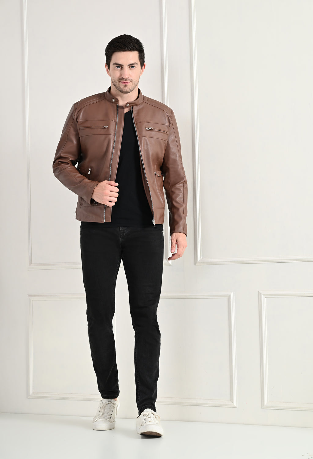 Mandarin Collar Long Sleeves Classic Look Lightweight Tan Leather Jacket