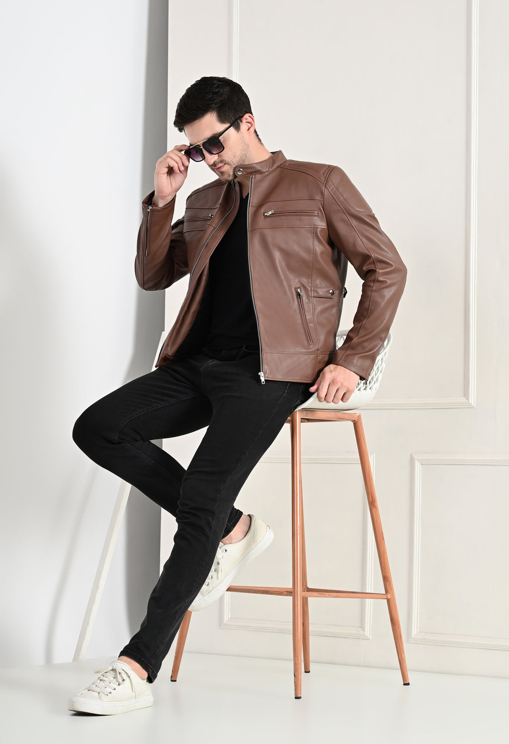 Mandarin Collar Long Sleeves Classic Look Lightweight Tan Leather Jacket