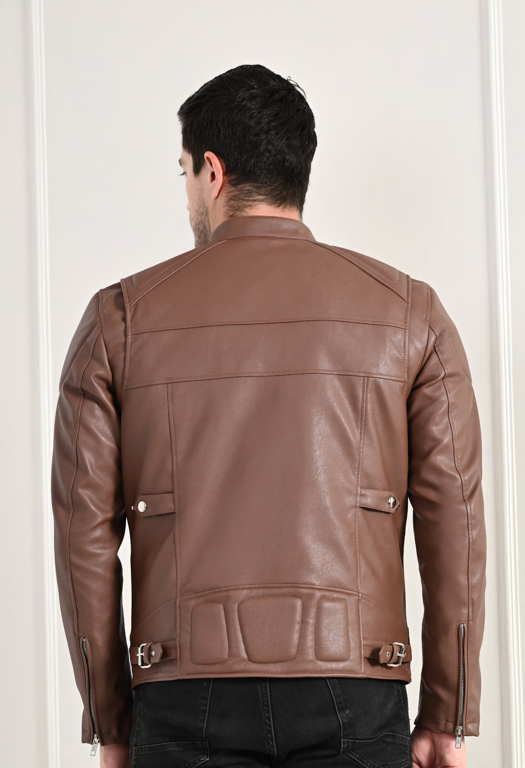 Mandarin Collar Long Sleeves Classic Look Lightweight Tan Leather Jacket