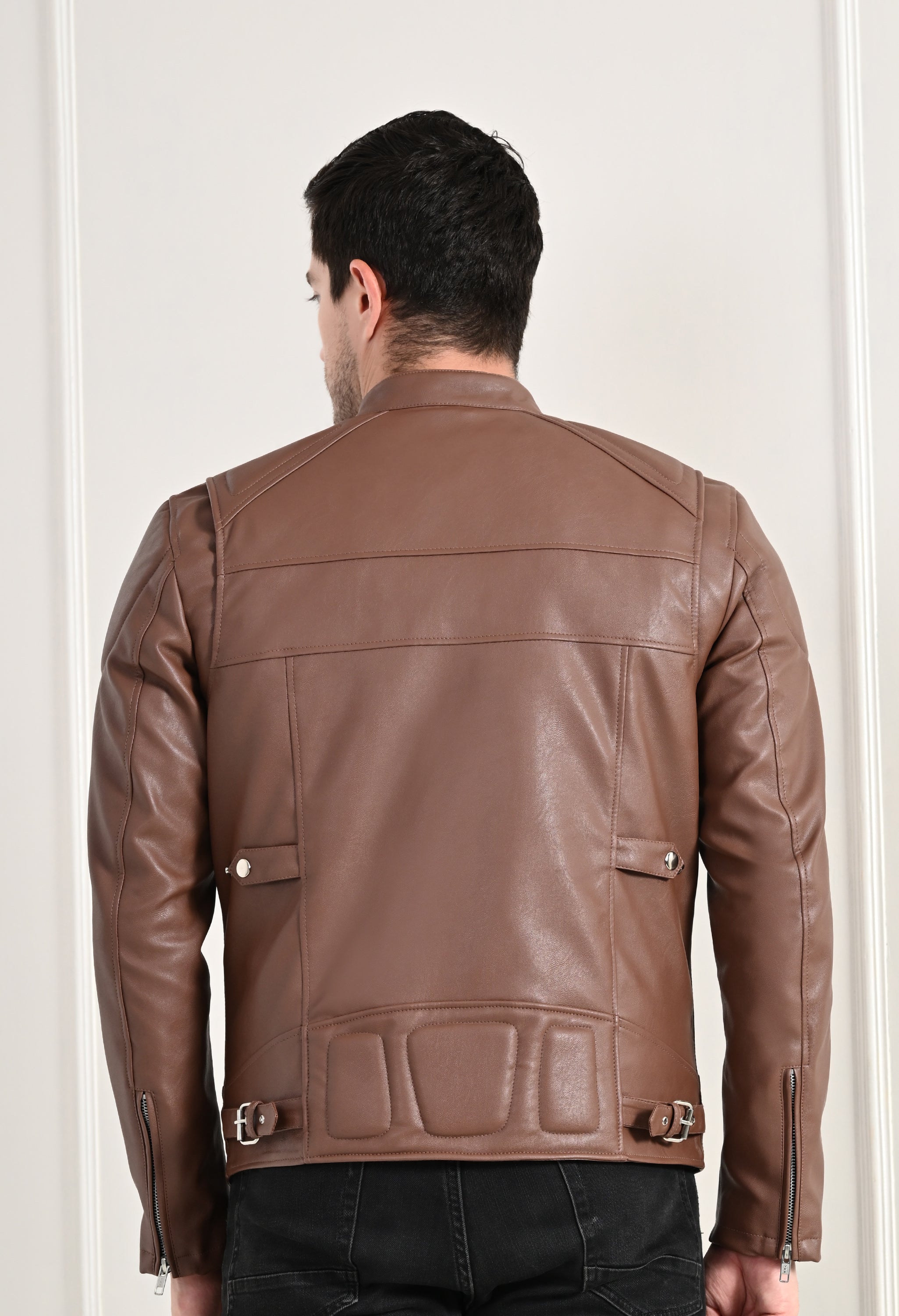 Mandarin Collar Long Sleeves Classic Look Lightweight Tan Leather Jacket