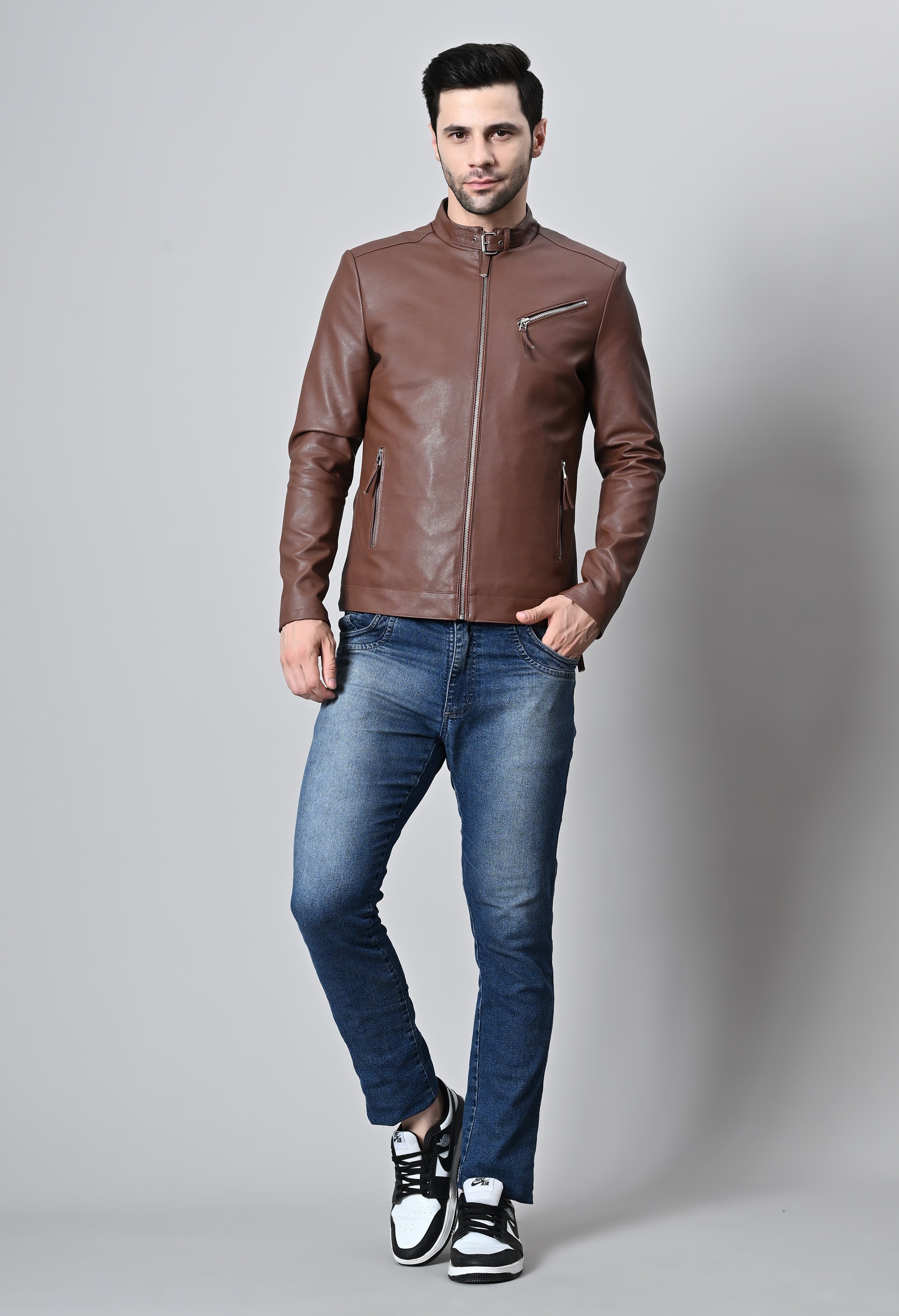 Men Leather Lightweight Biker Tan Jacket