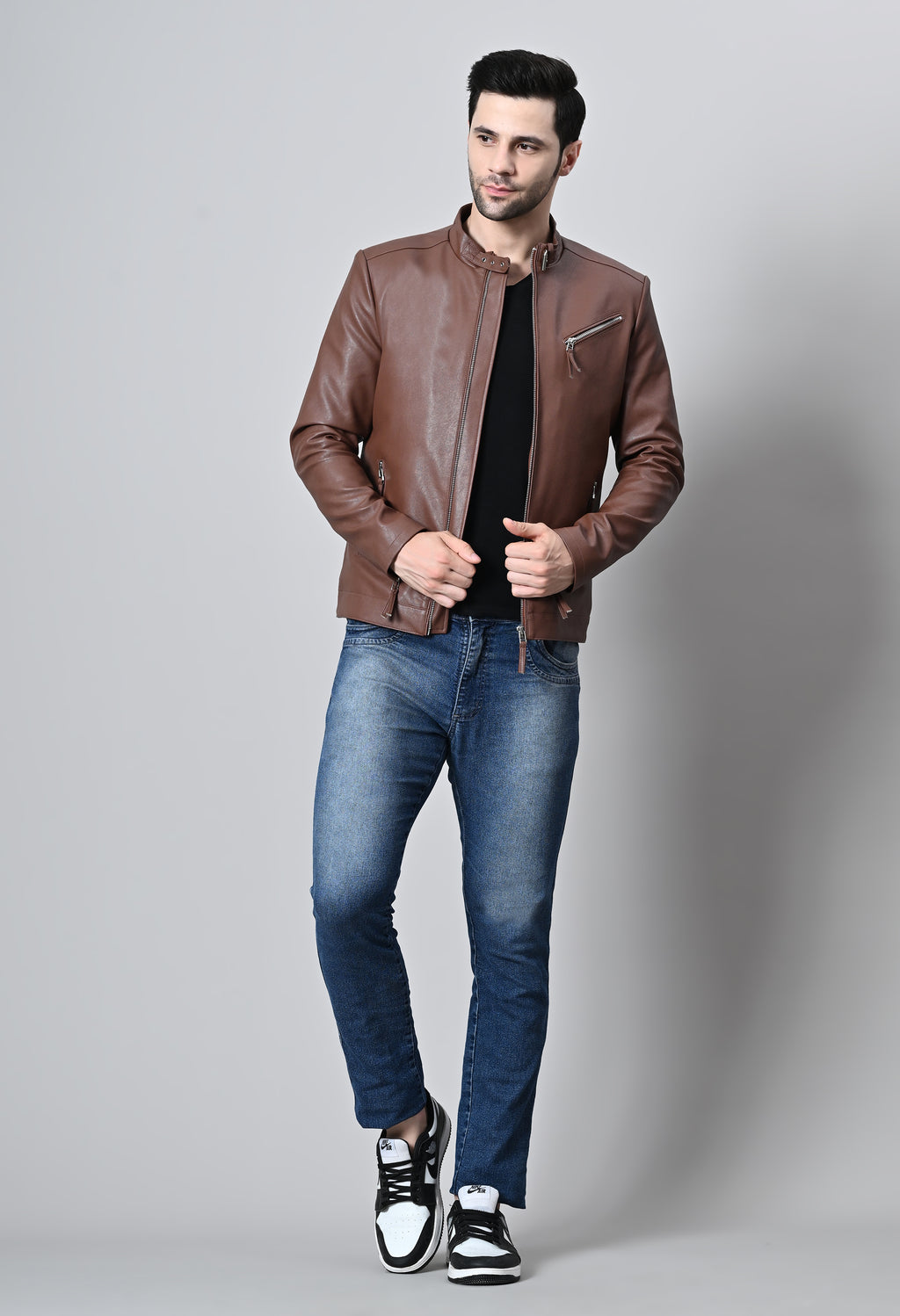 Men Leather Lightweight Biker Tan Jacket