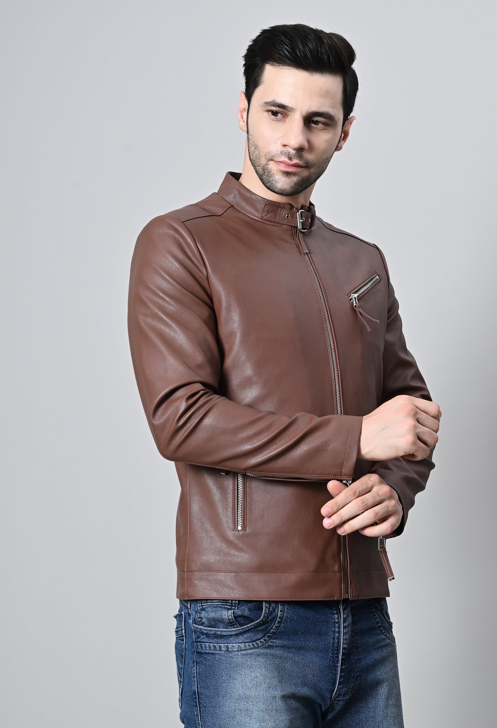 Men Leather Lightweight Biker Tan Jacket