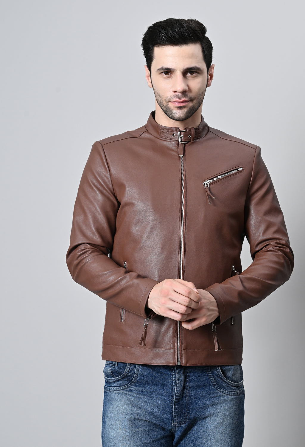 Men Leather Lightweight Biker Tan Jacket