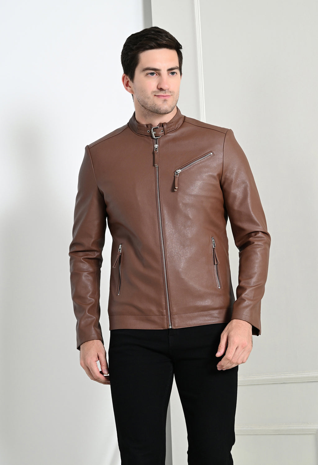 Men Leather Lightweight Tan Biker Jacket