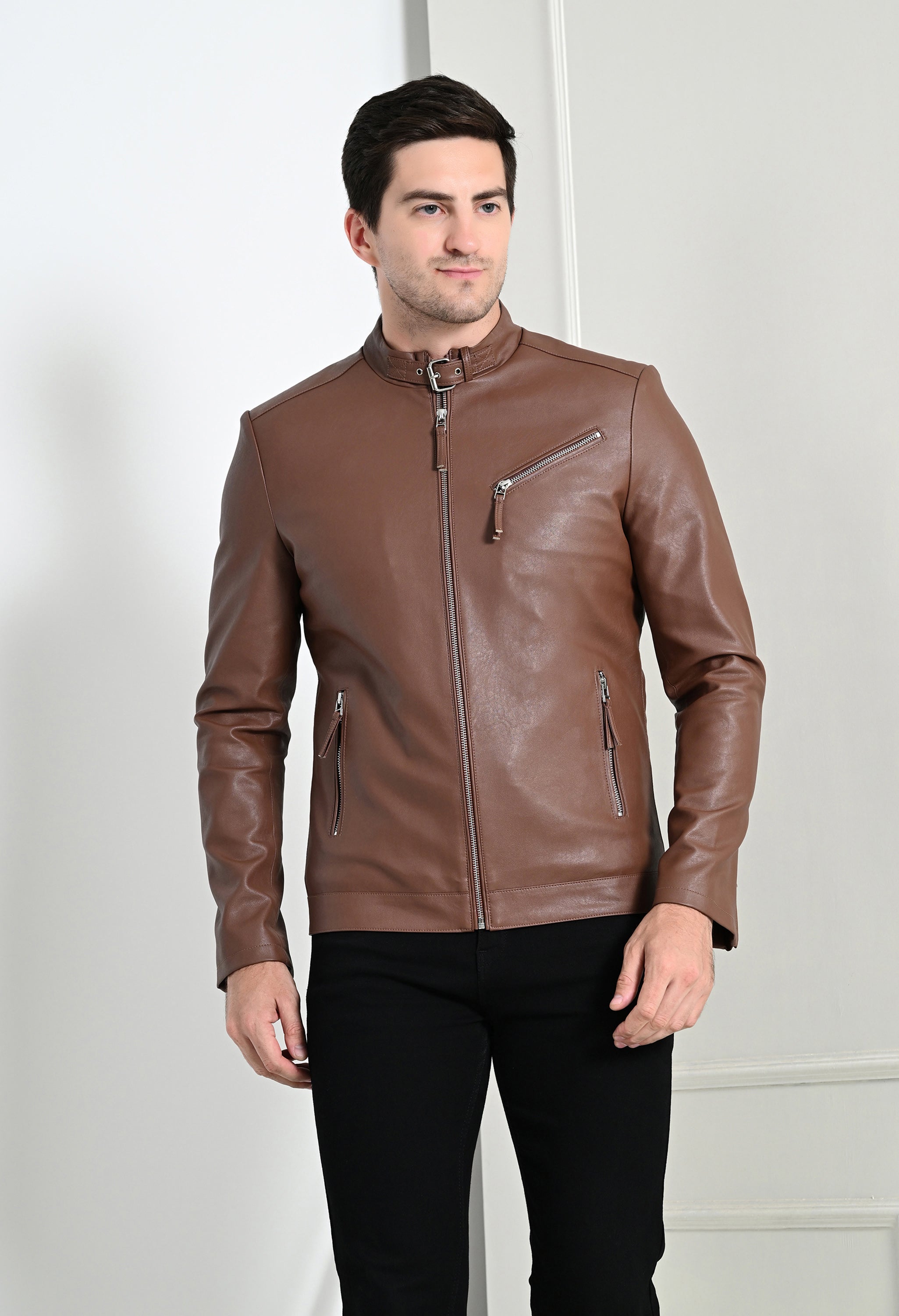 Men Leather Lightweight Tan Biker Jacket