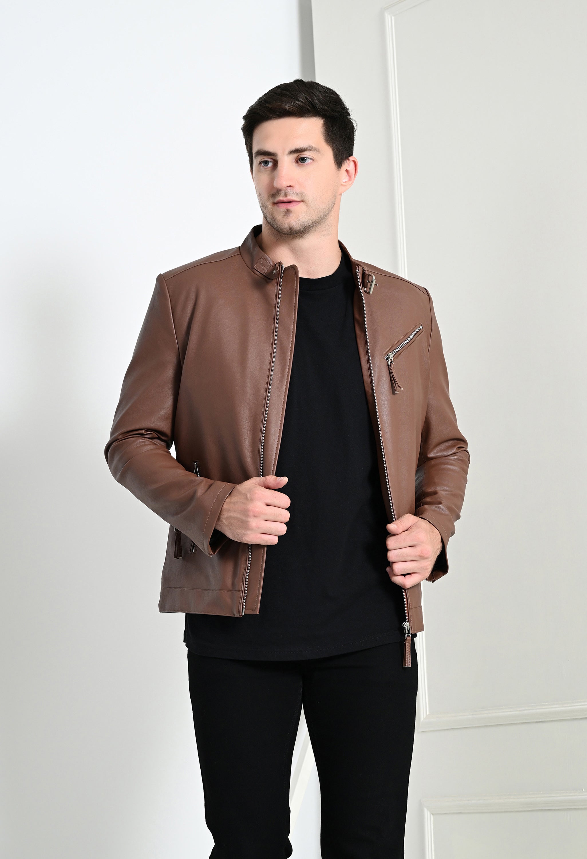 Men Leather Lightweight Tan Biker Jacket