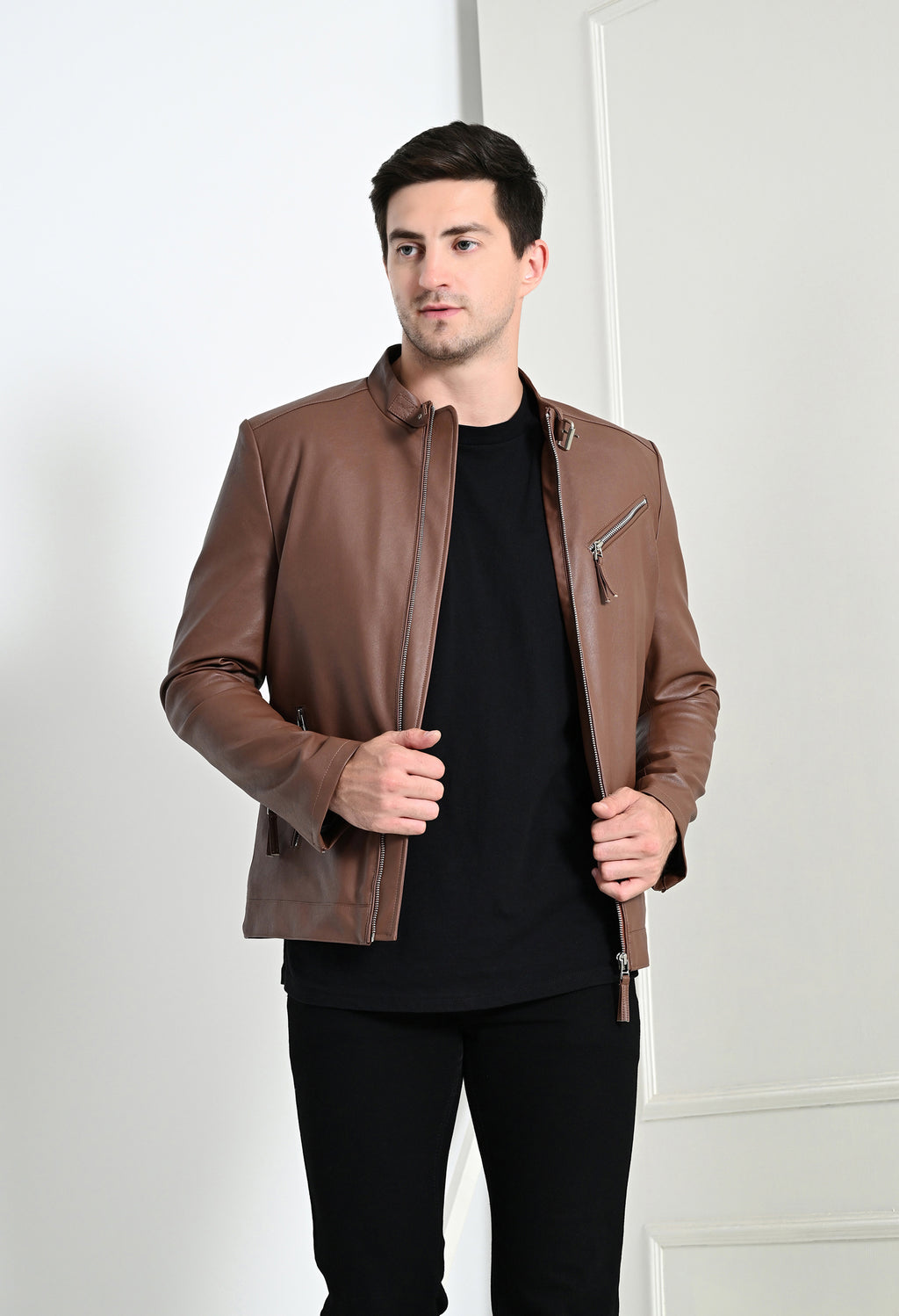 Men Leather Lightweight Tan Biker Jacket