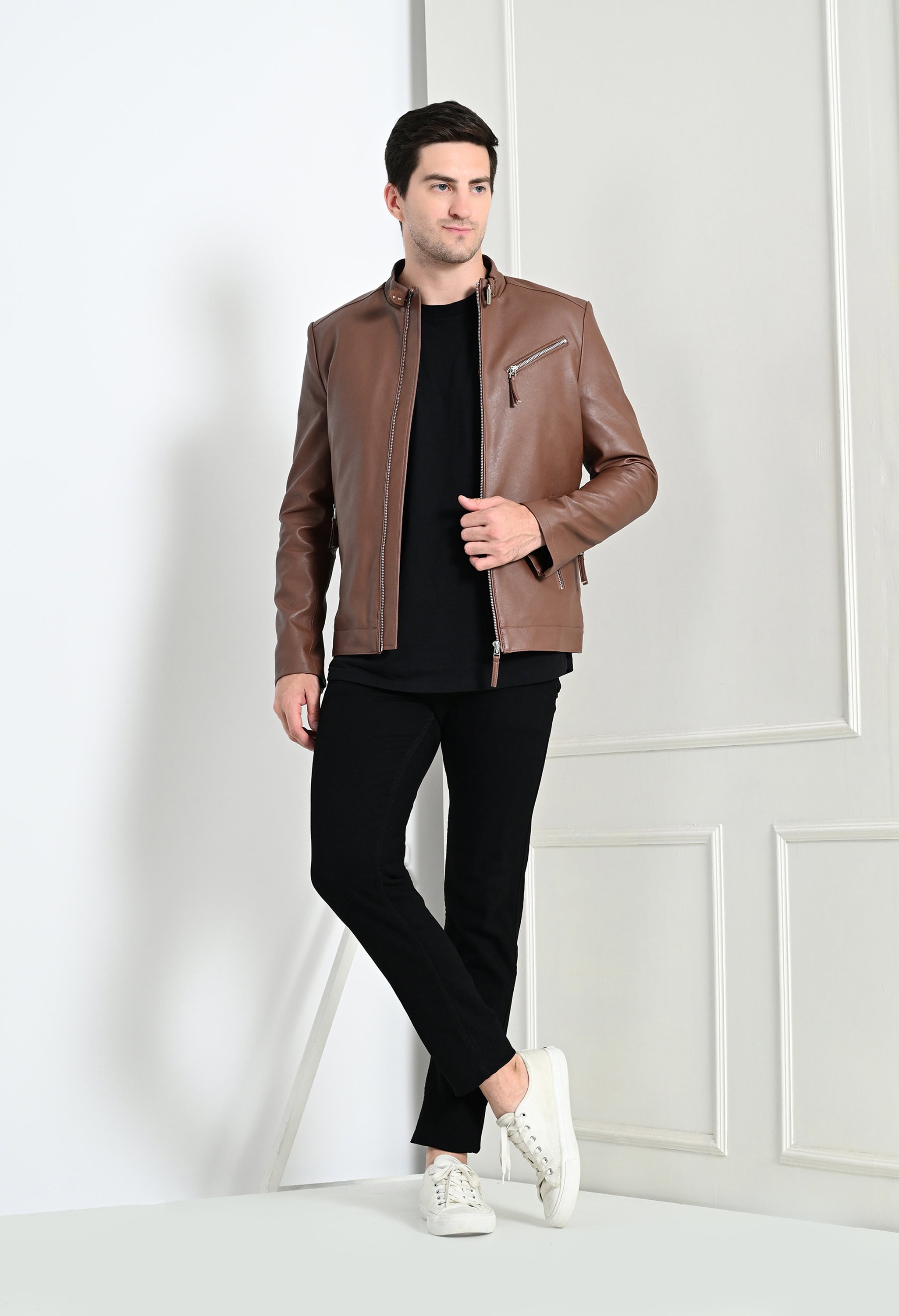 Men Leather Lightweight Tan Biker Jacket