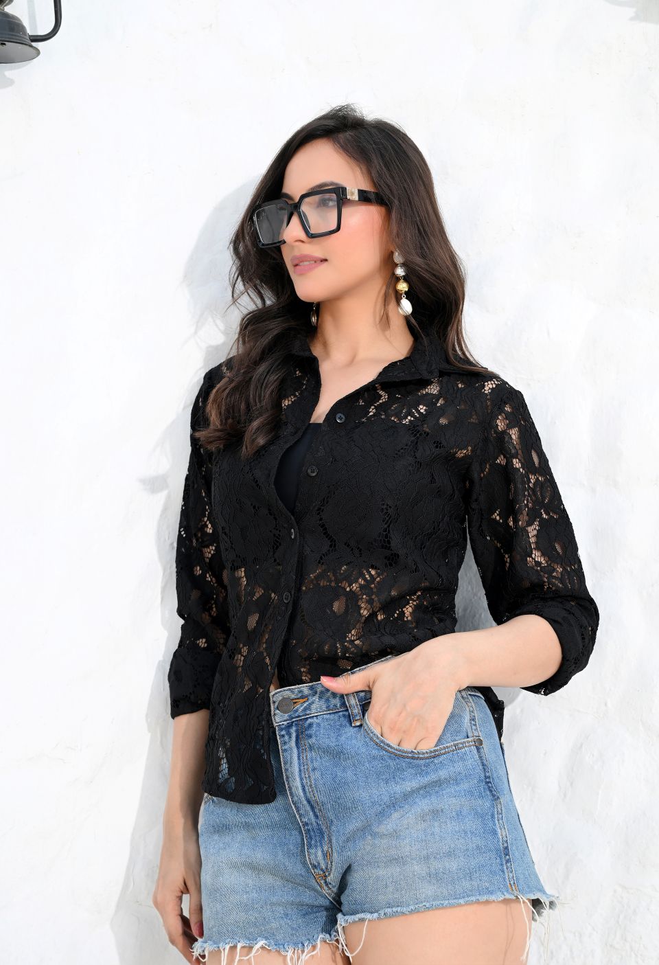 Women Black Net Comfort Sheer Casual Shirt