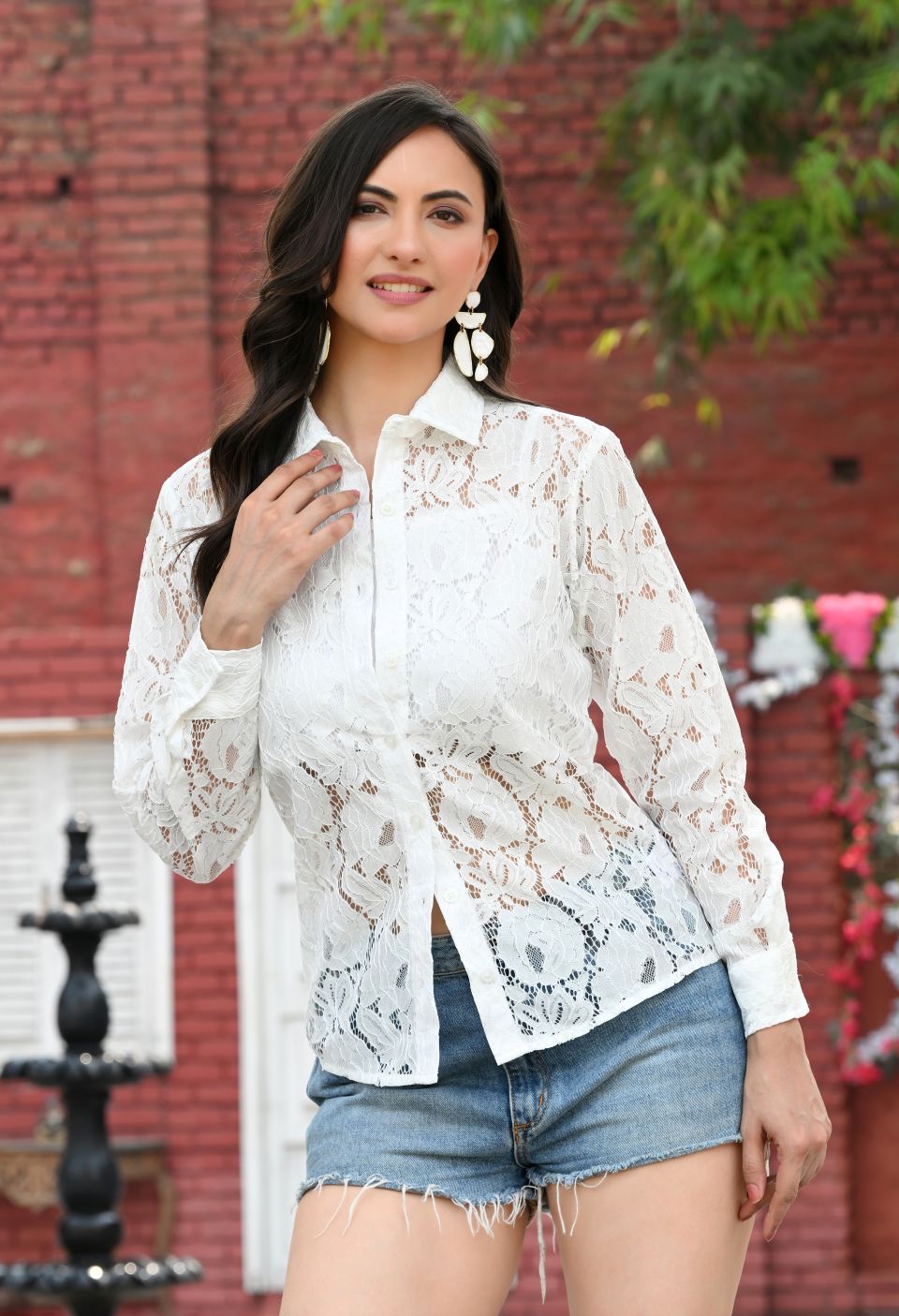 Women White Net Comfort Casual Shirts