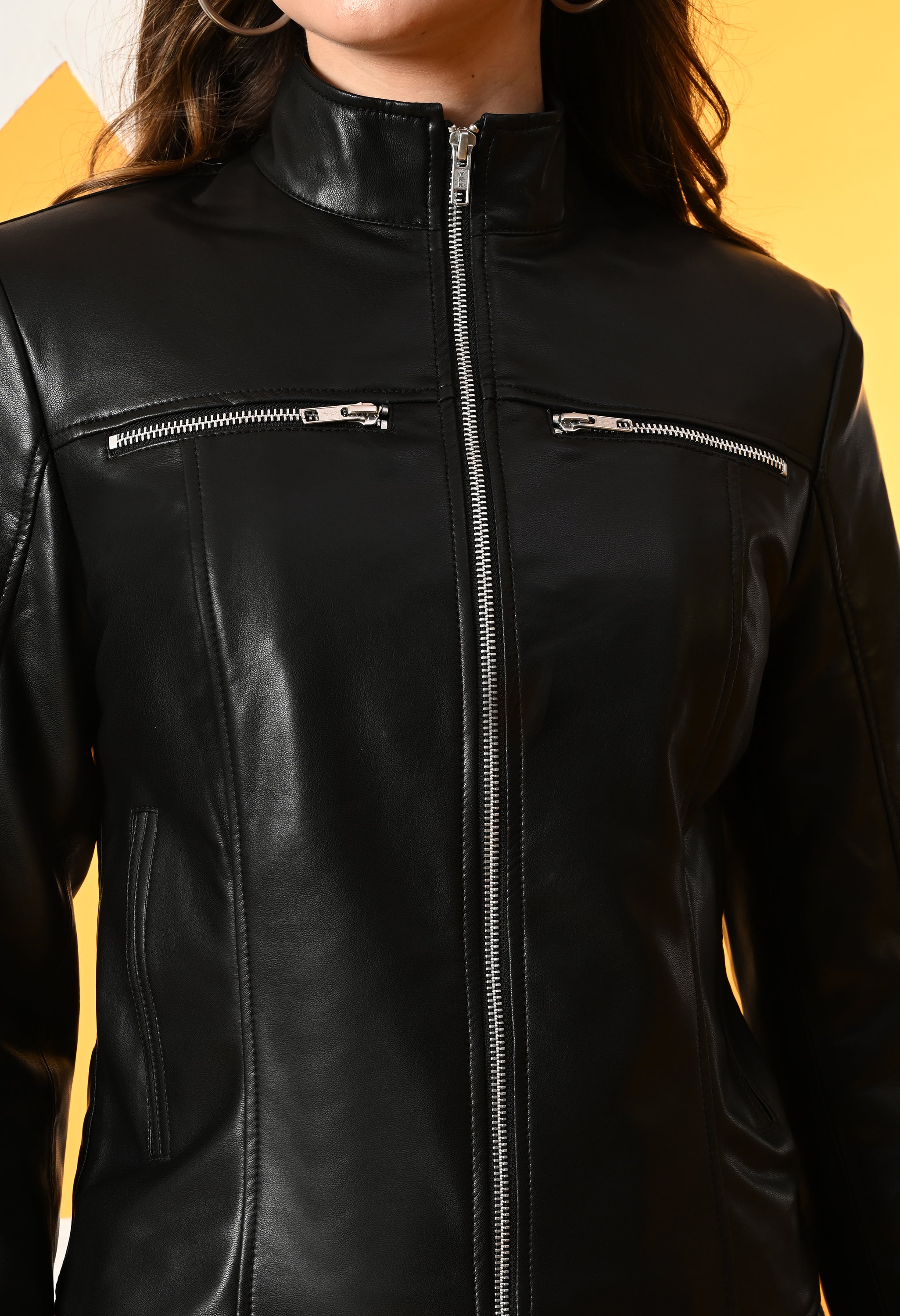 Women Mock Collar Solid Water Resistant Biker Jacket