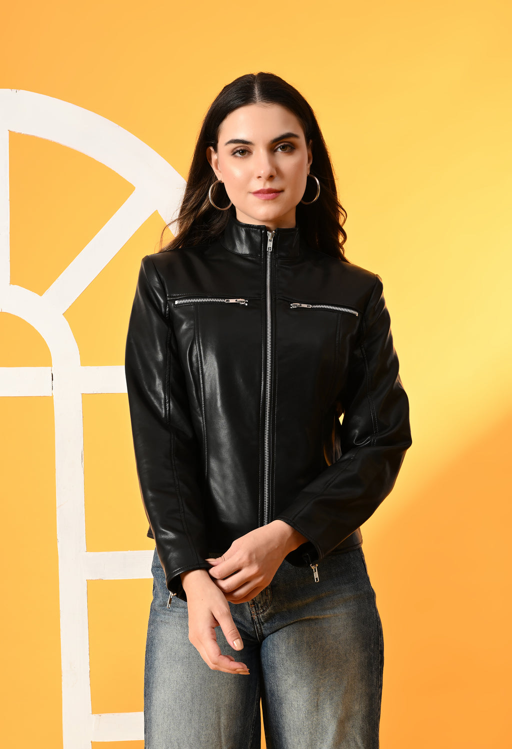 Women Mock Collar Solid Water Resistant Biker Jacket