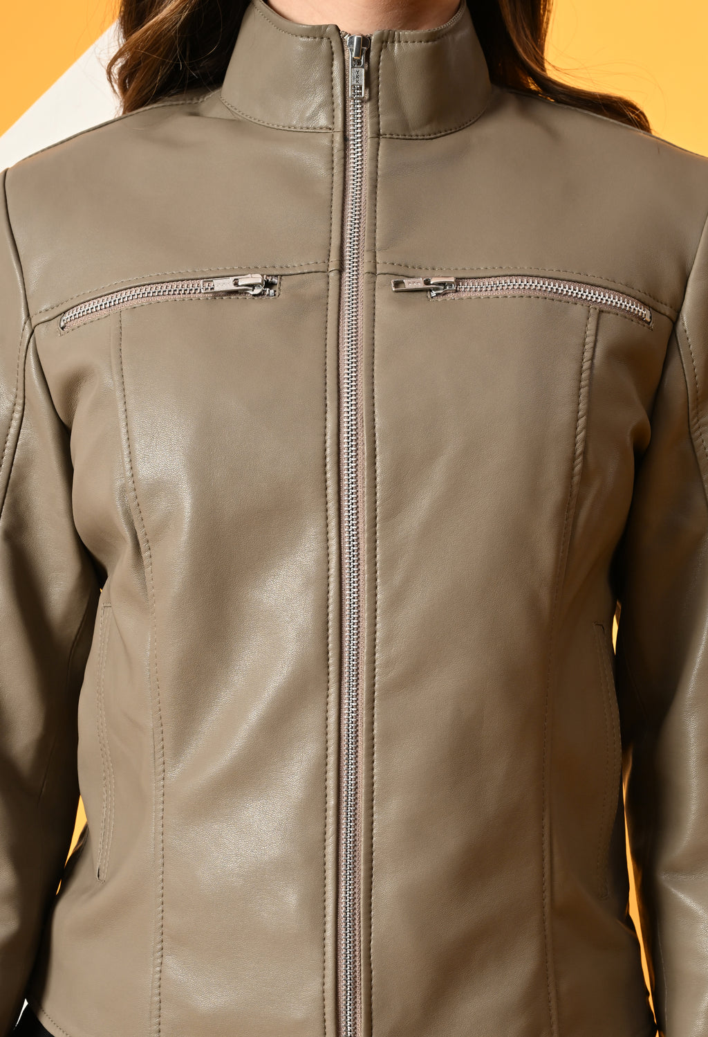 Women Mock Collar Solid Water Resistant Biker Jacket