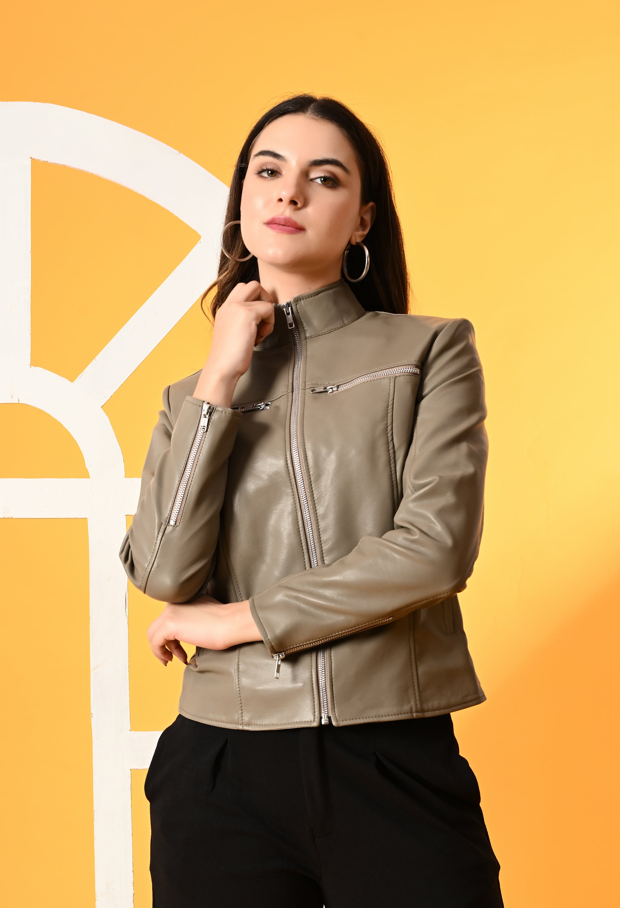 Women Mock Collar Solid Water Resistant Biker Jacket