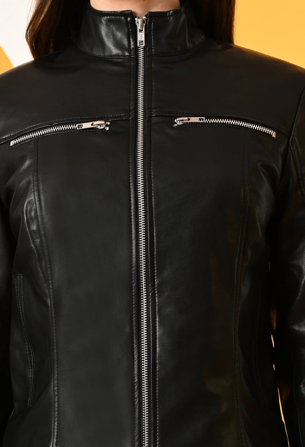 Women Mock Collar Solid Water Resistant Biker Jacket