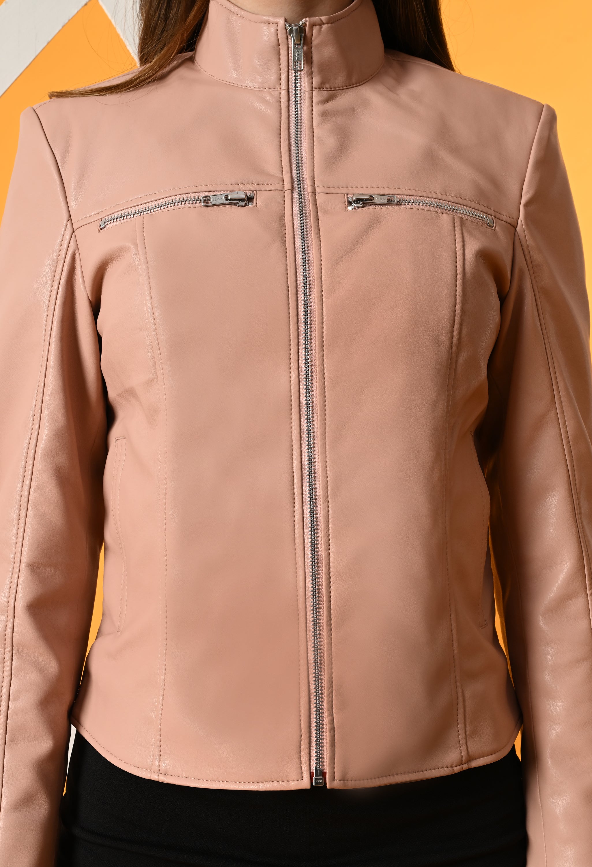 Women Mock Collar Solid Water Resistant Biker Jacket