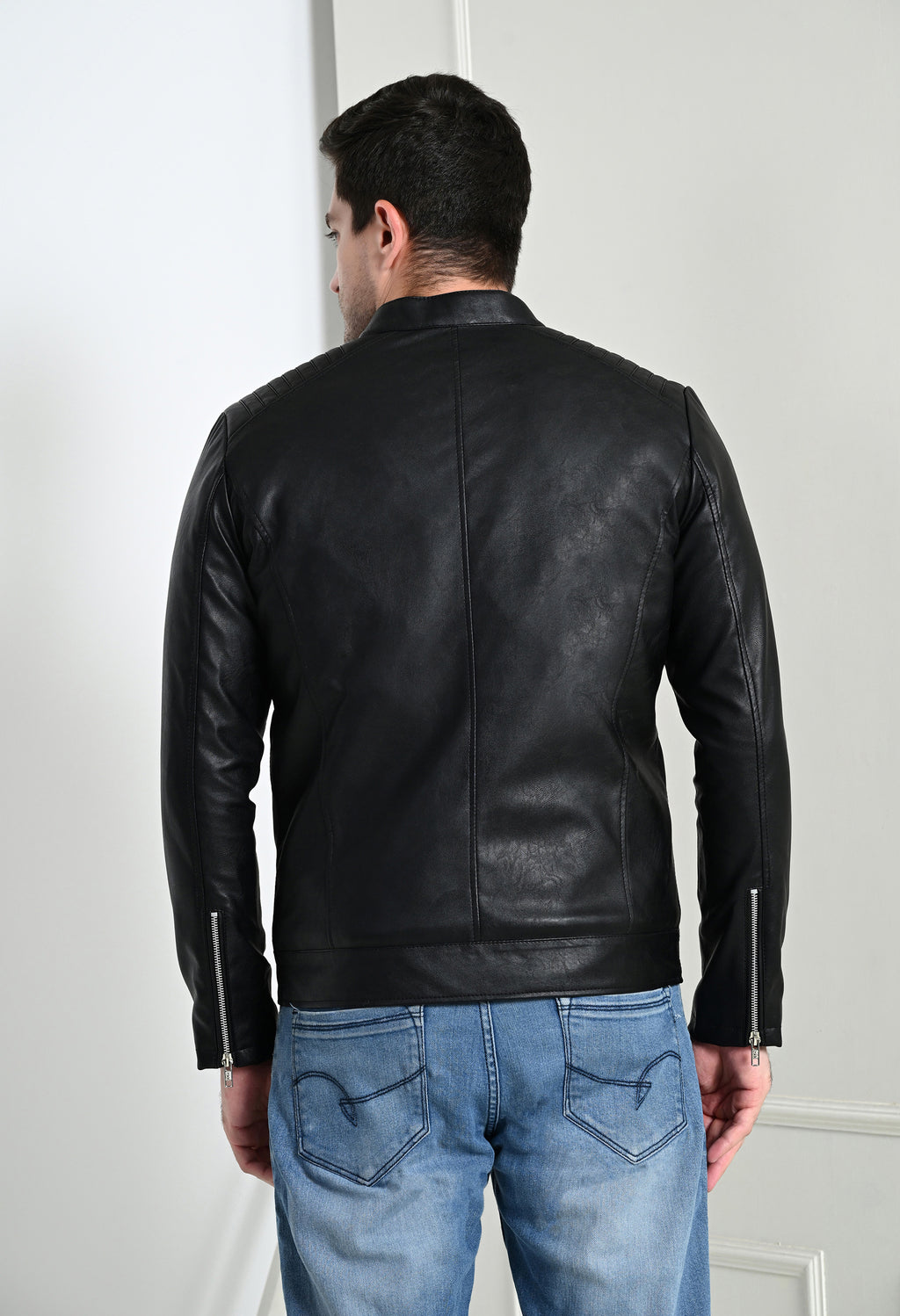 Mandarin Collar Leather Anti Odour Black Jacket for Men