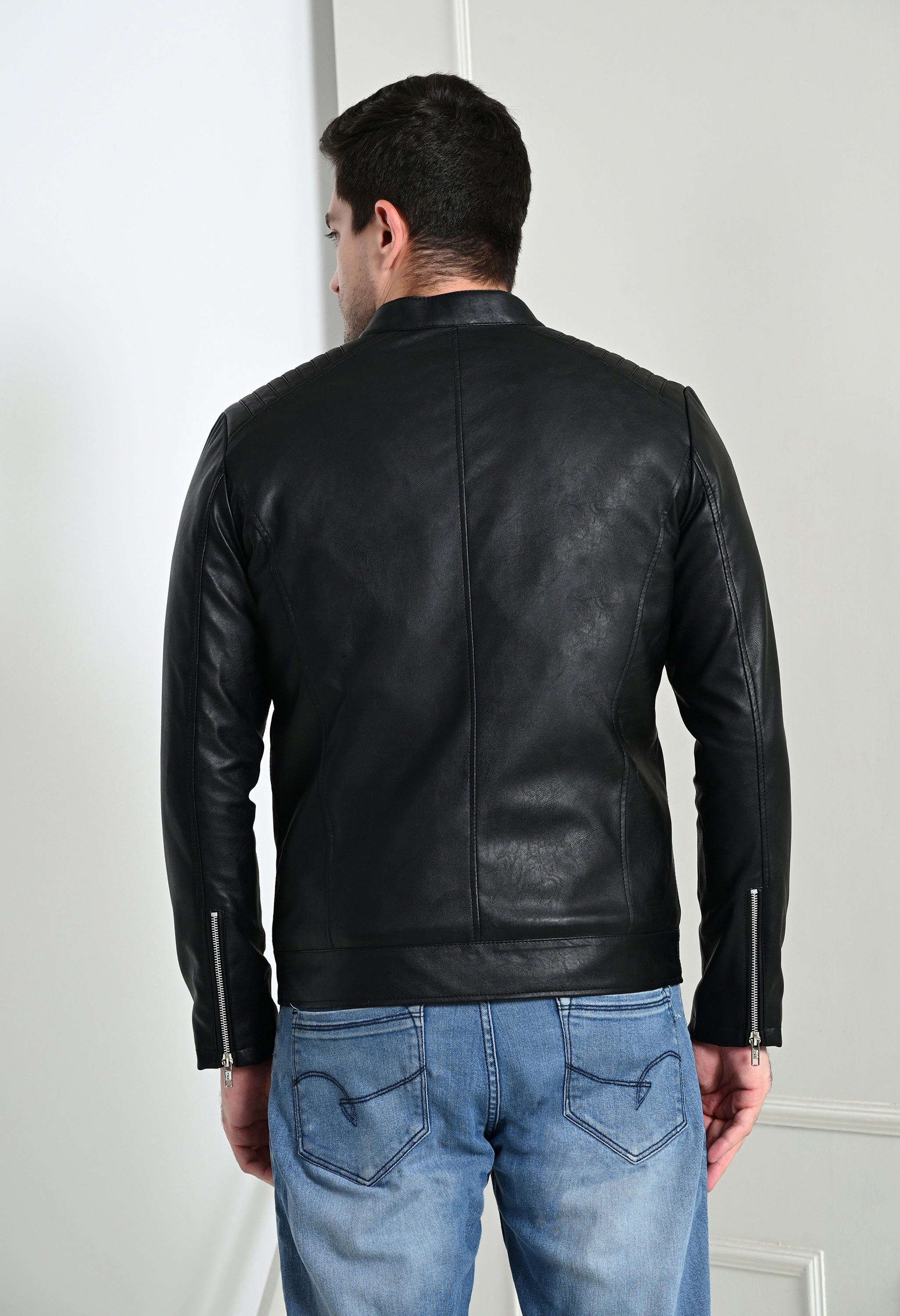 Mandarin Collar Leather Anti Odour Black Jacket for Men