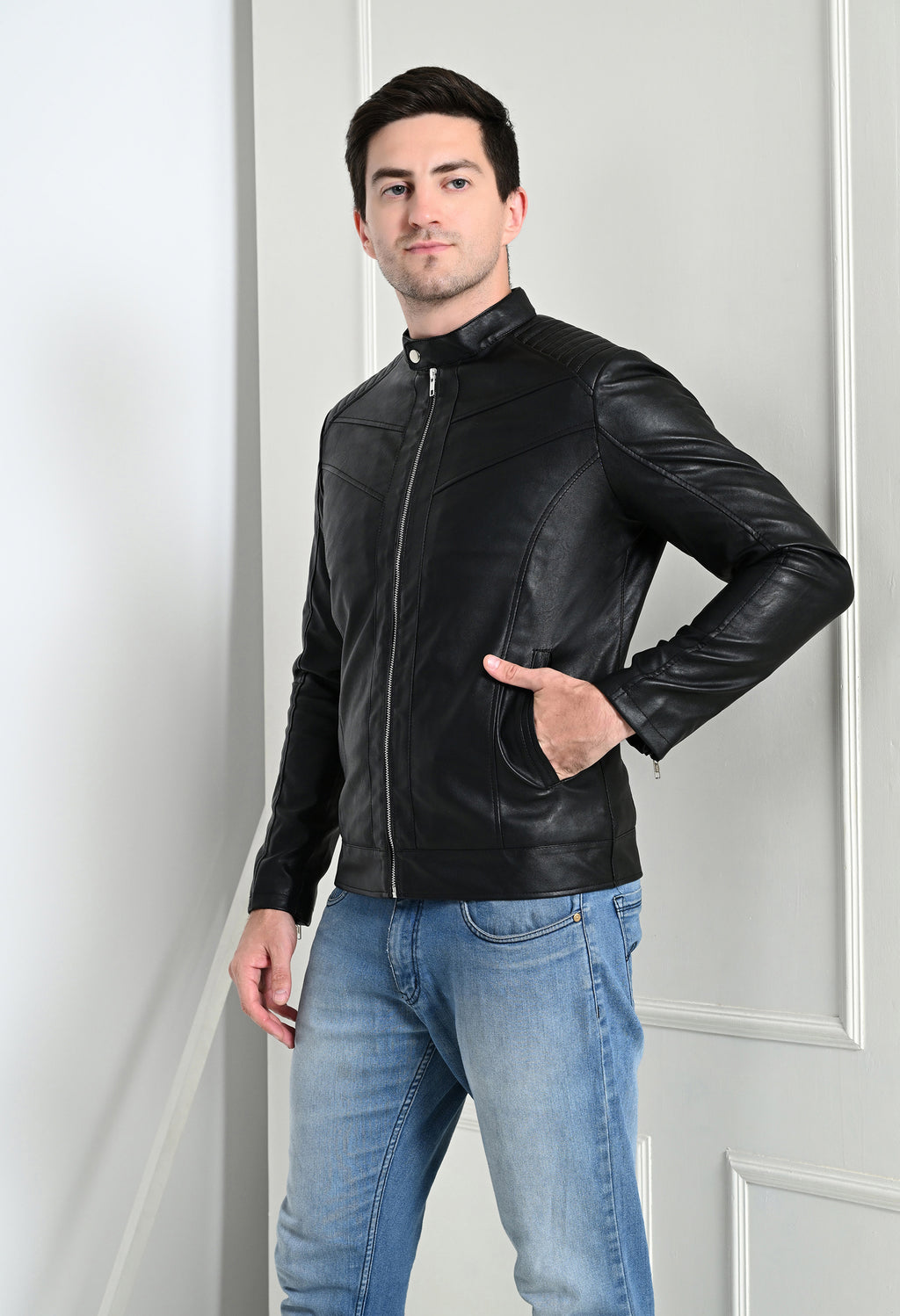 Mandarin Collar Leather Anti Odour Black Jacket for Men