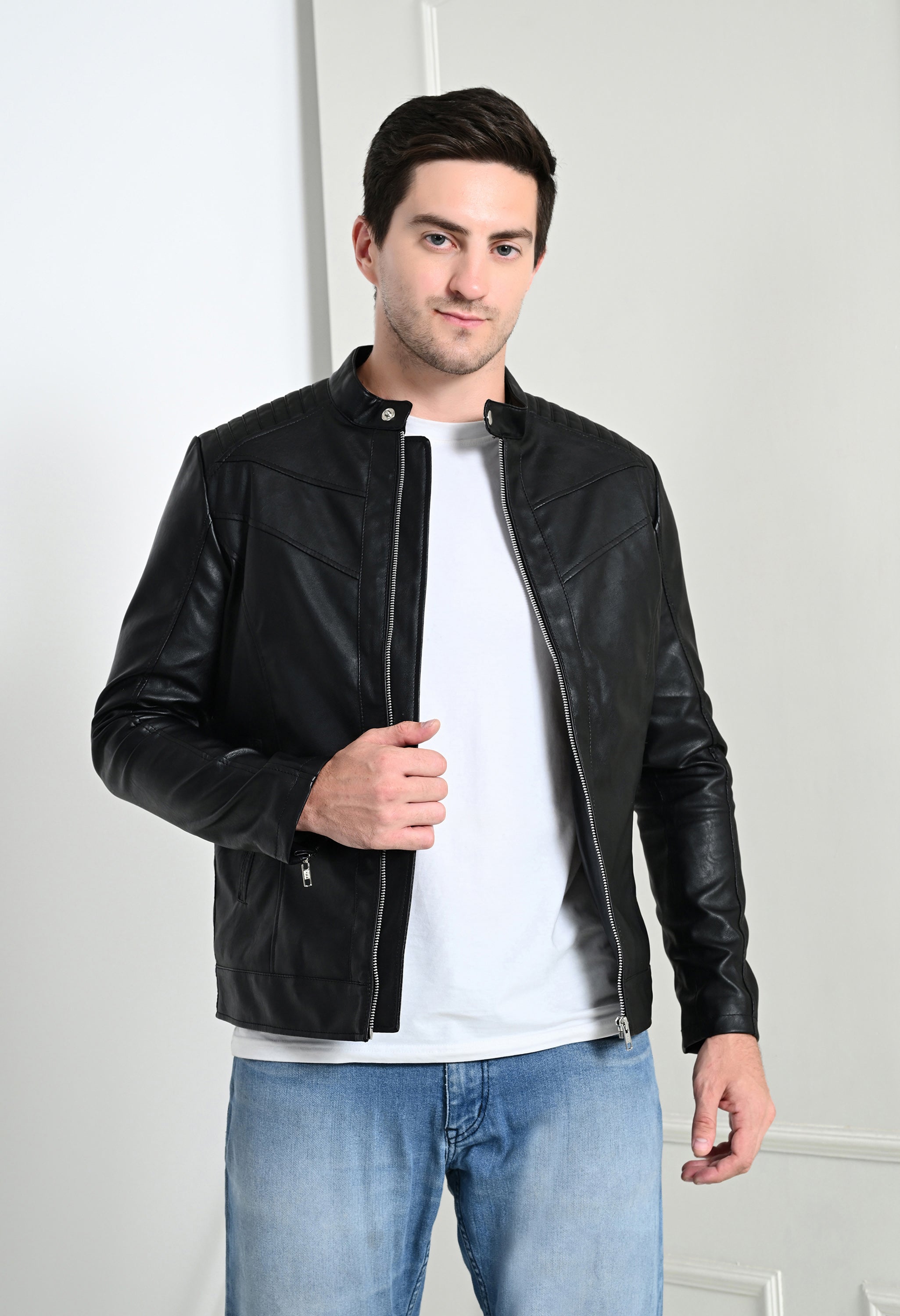Mandarin Collar Leather Anti Odour Black Jacket for Men