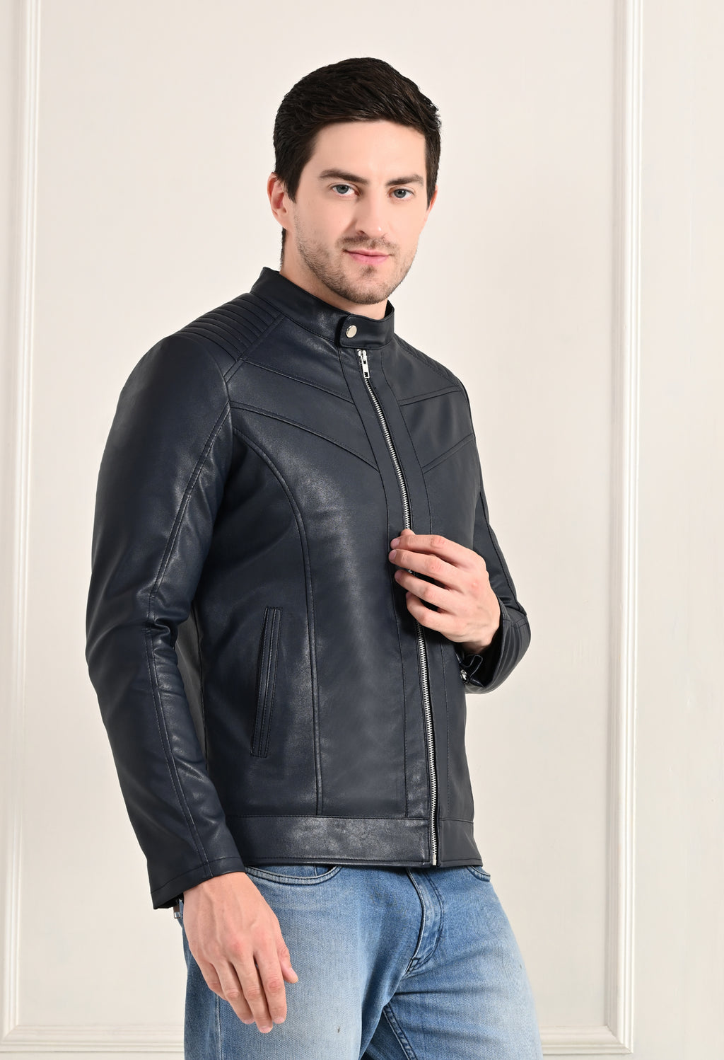 Mandarin Collar Leather Anti Odour Blue Jacket for Men