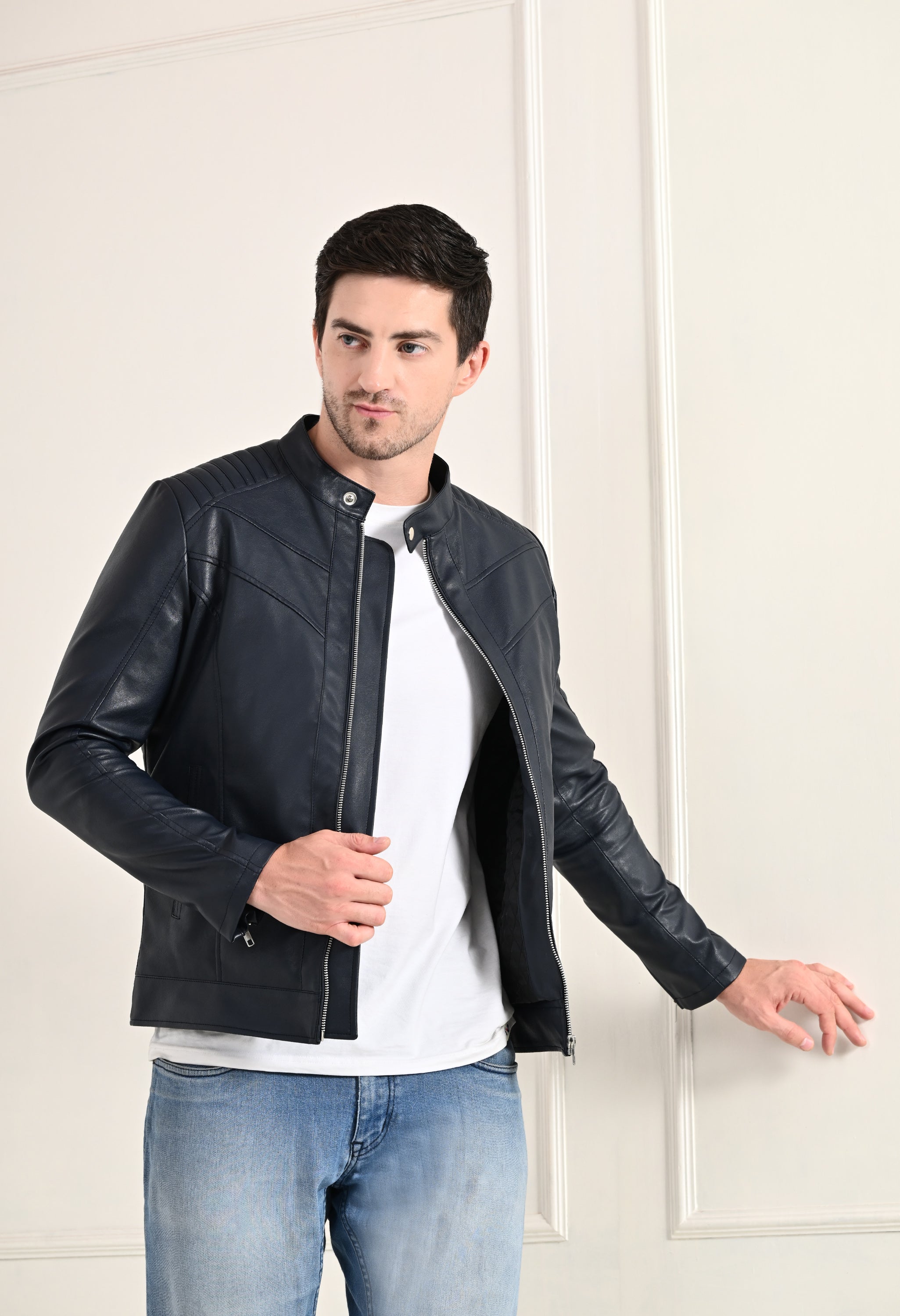Mandarin Collar Leather Anti Odour Blue Jacket for Men