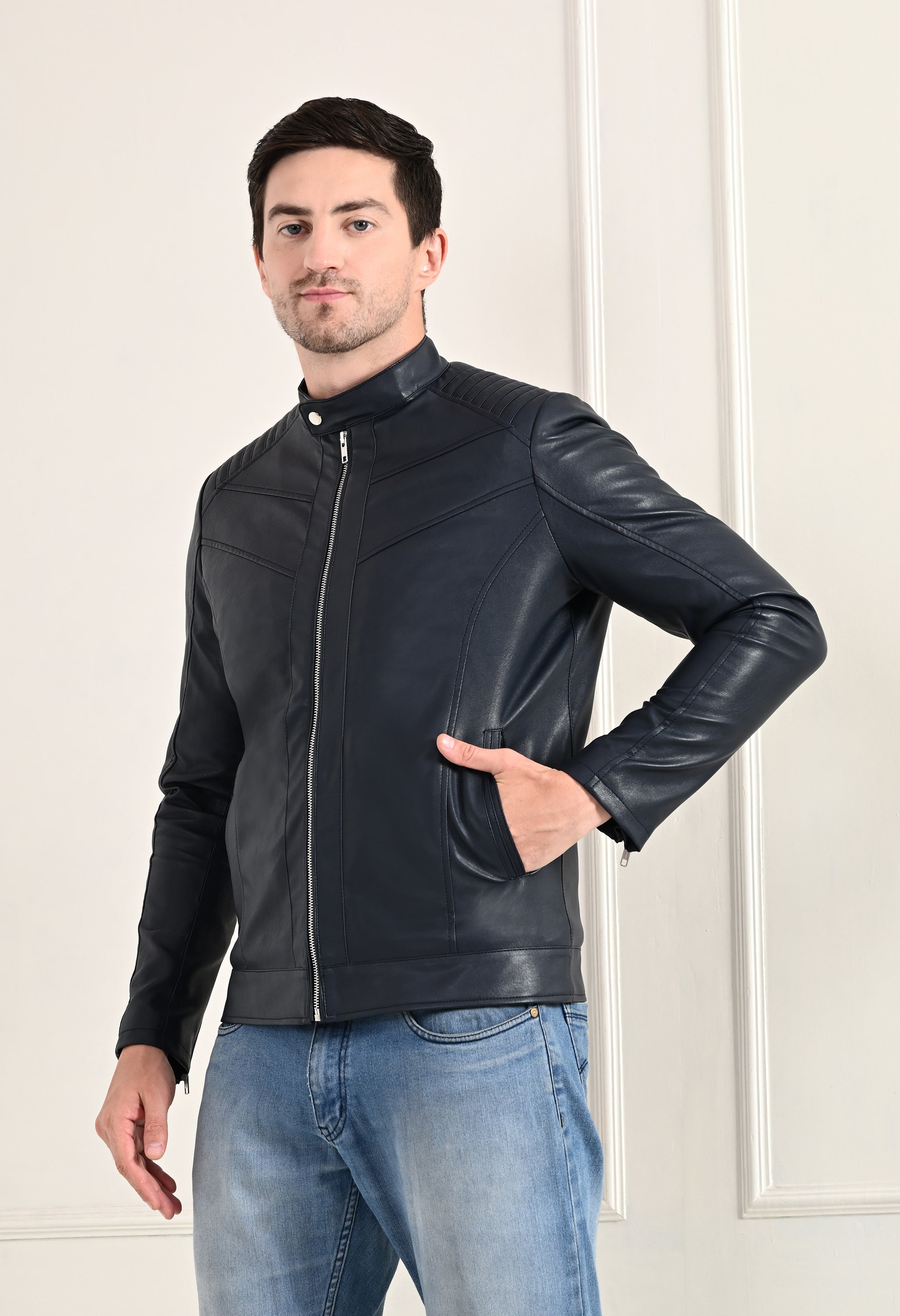 Mandarin Collar Leather Anti Odour Blue Jacket for Men